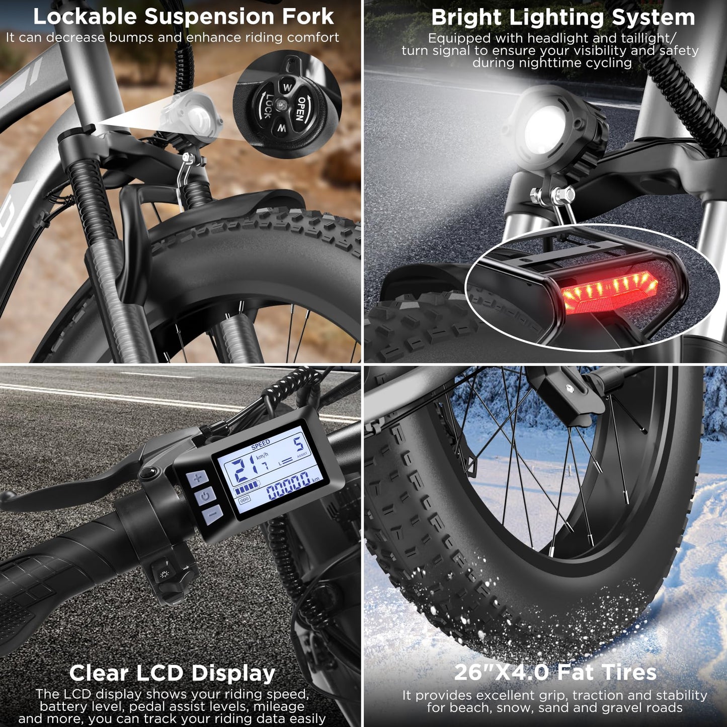 Electric Bike for Adults, 1000W Peak Ebike, 25MPH 60Miles Electric Mountain Bike, 26" Fat Tire Electric Bicycle with 48V 13AH Battery, Rear Rack, Turn Signal, Lockable Suspension Fork,7 Speed