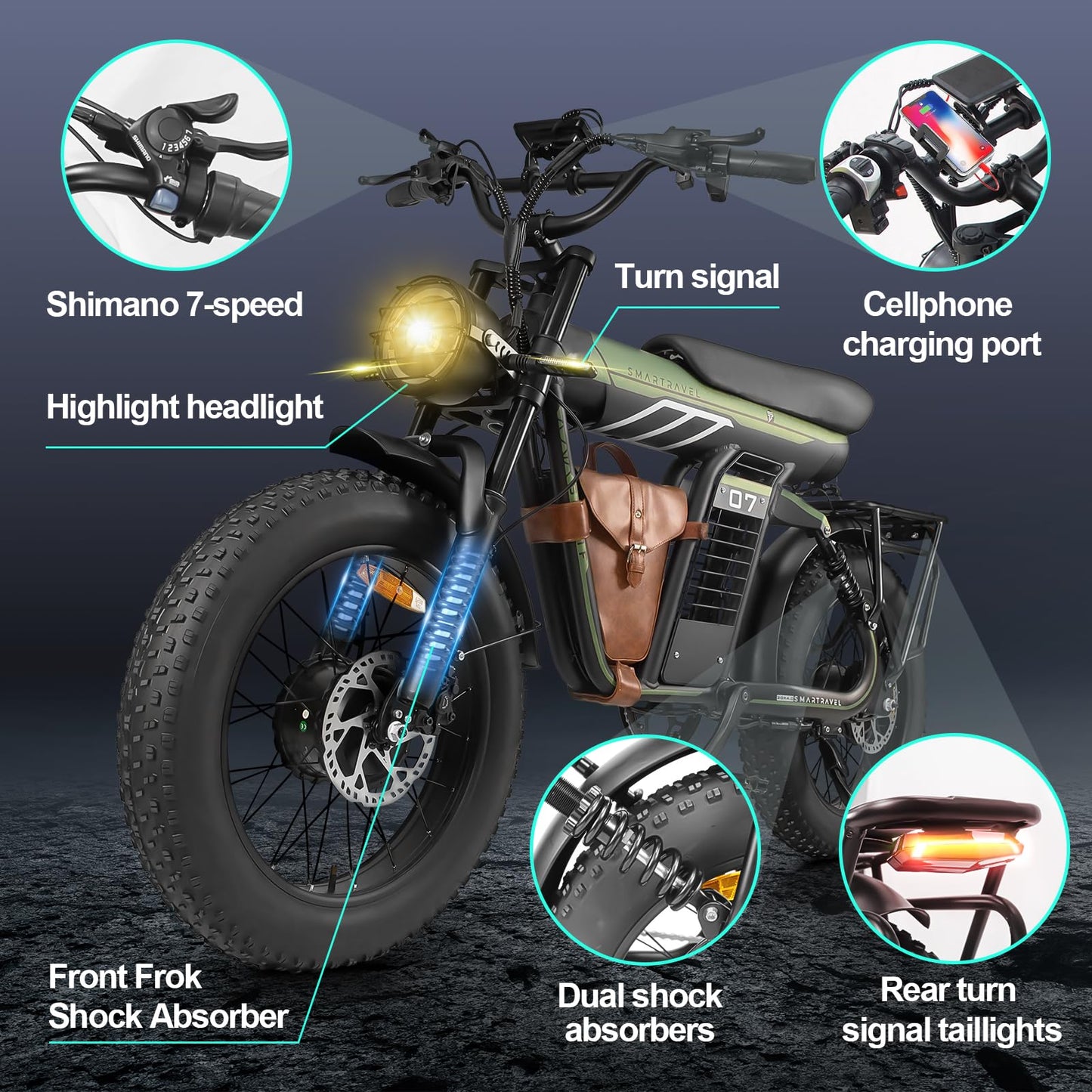 Ebike with 1200W Brushless Motor,Removable 48V 20Ah Battery,UP to 32MPH,Electric Mountain Bike with 20" Fat Tire with Front/Rear Turn Signals for Men Women,Travel Bag