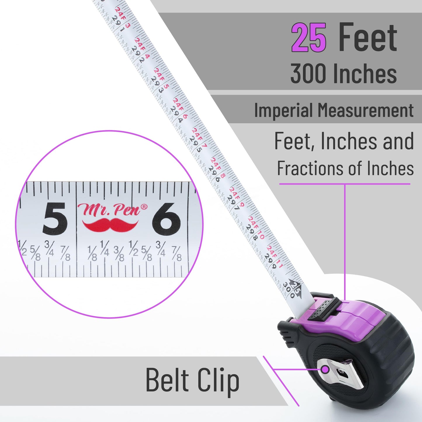 Mr. Pen 25-Foot Steel Retractable Tape Measure with Easy Read Fractions