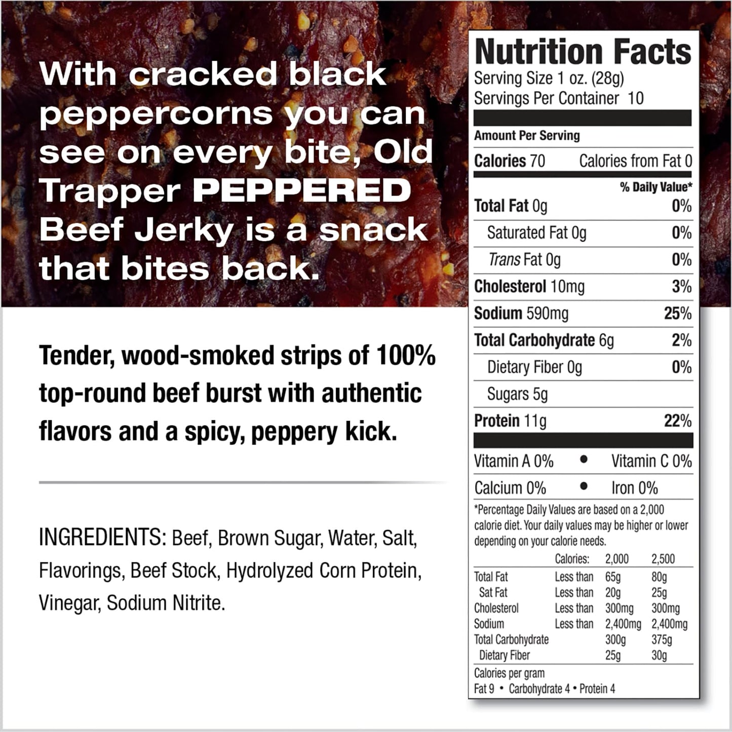 Old Trapper Beef Jerky, Old-Fashioned 10-Ounce Bag, Tender Meat Snacks for Lunches or Between Meals, 11 Grams of Protein, Zero Grams of Fat, and 70 Calories per Ounce (Pack of One)