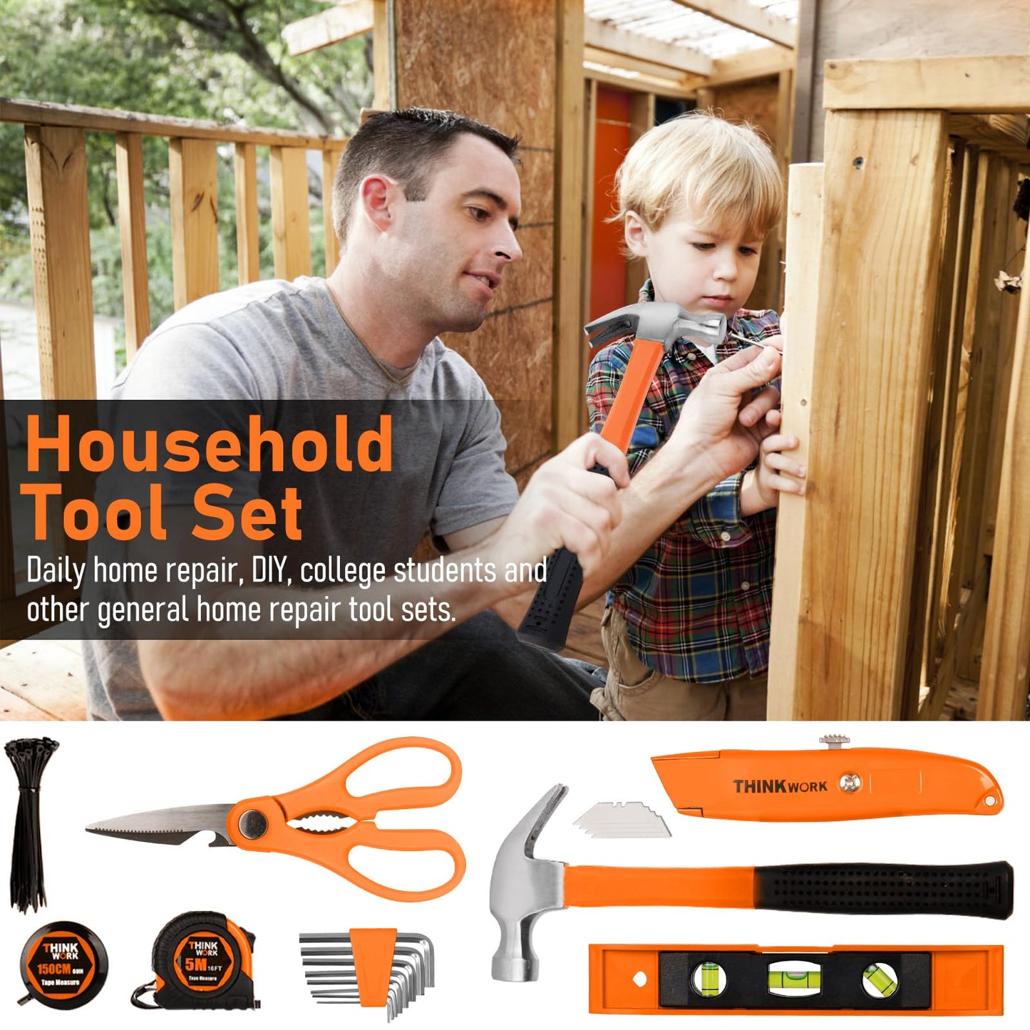THINKWORK Tool Set - 207 Piece Portable Home Repairing Tool Kit, General Household Hand Tool Set with 13'' Wide Mouth Open Storage Tool Bag, Perfect for DIY, Home Maintenance, Handyman - Gift for Men