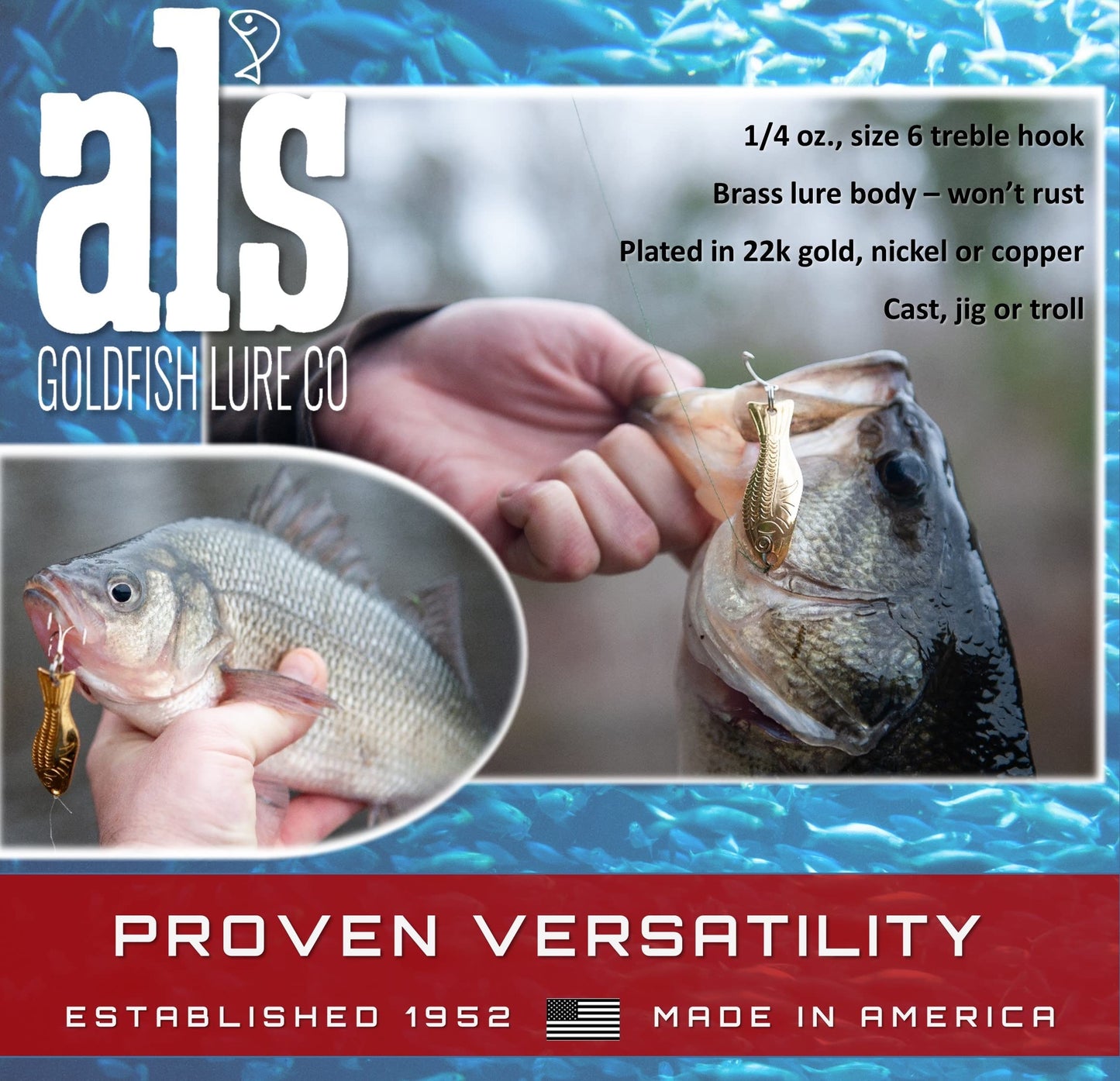AL's Goldfish Lure Company, Rust Free Goldfish Freshwater Fishing Spoon, Treble Hook, Trout, Salmon, Bass, Walleye, Crappie, Panfish, and Pike. Sizes 3/16 oz., 1/4 oz. or 1/2 oz