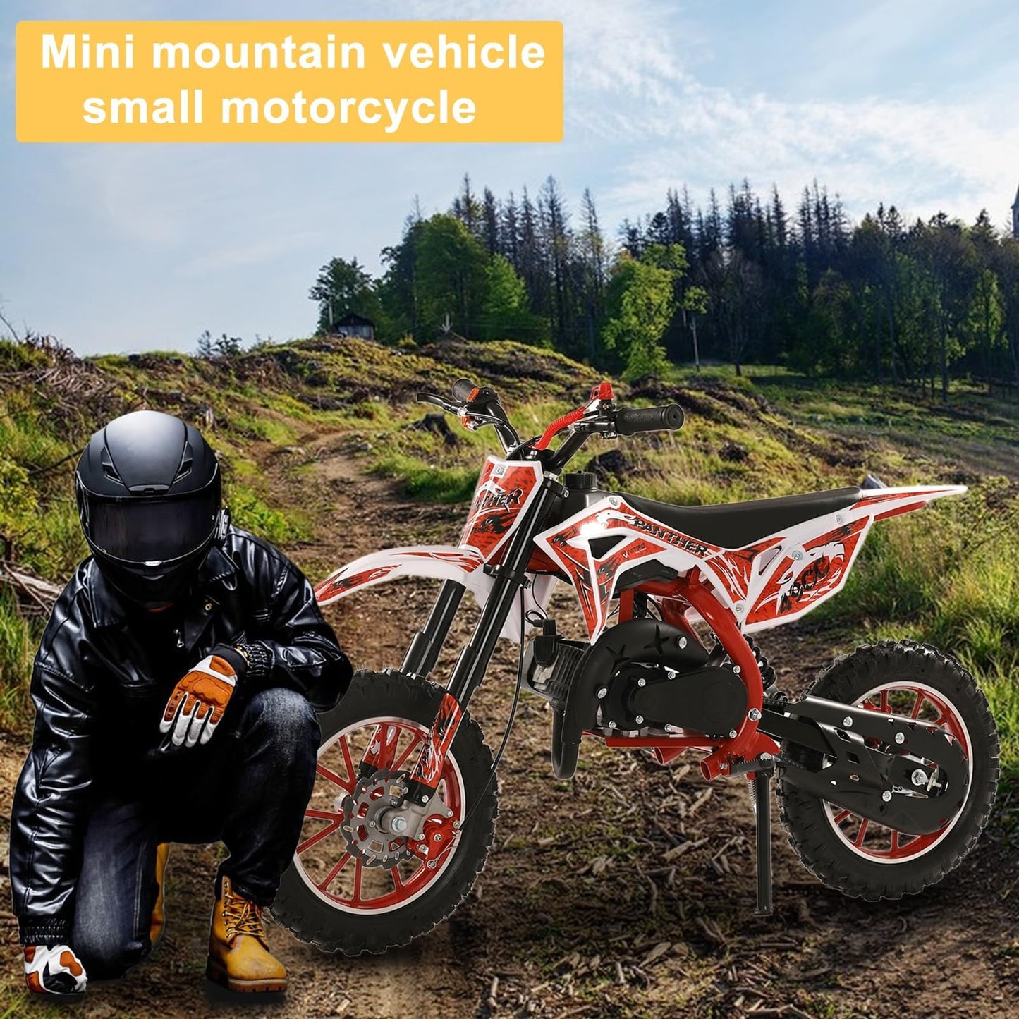 49cc Kids Dirt Bike, Gas Powered 2-Stroke Mini Motocross Motorcycle, Off-Road Dirtbike for Kids 8-14 with Front/Rear Disc Brakes, Shock Absorption, Soft Seat Cushion