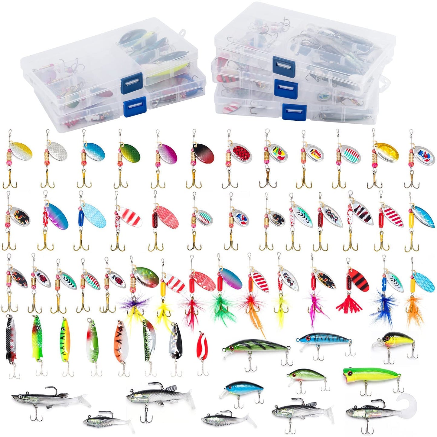 Dr.Fish Fishing Tackle Bag 5 Boxes with 60 Lures Included Loaded Stocked Tackle Box Set Spinner Lures Kit Freshwater Gear Equipment