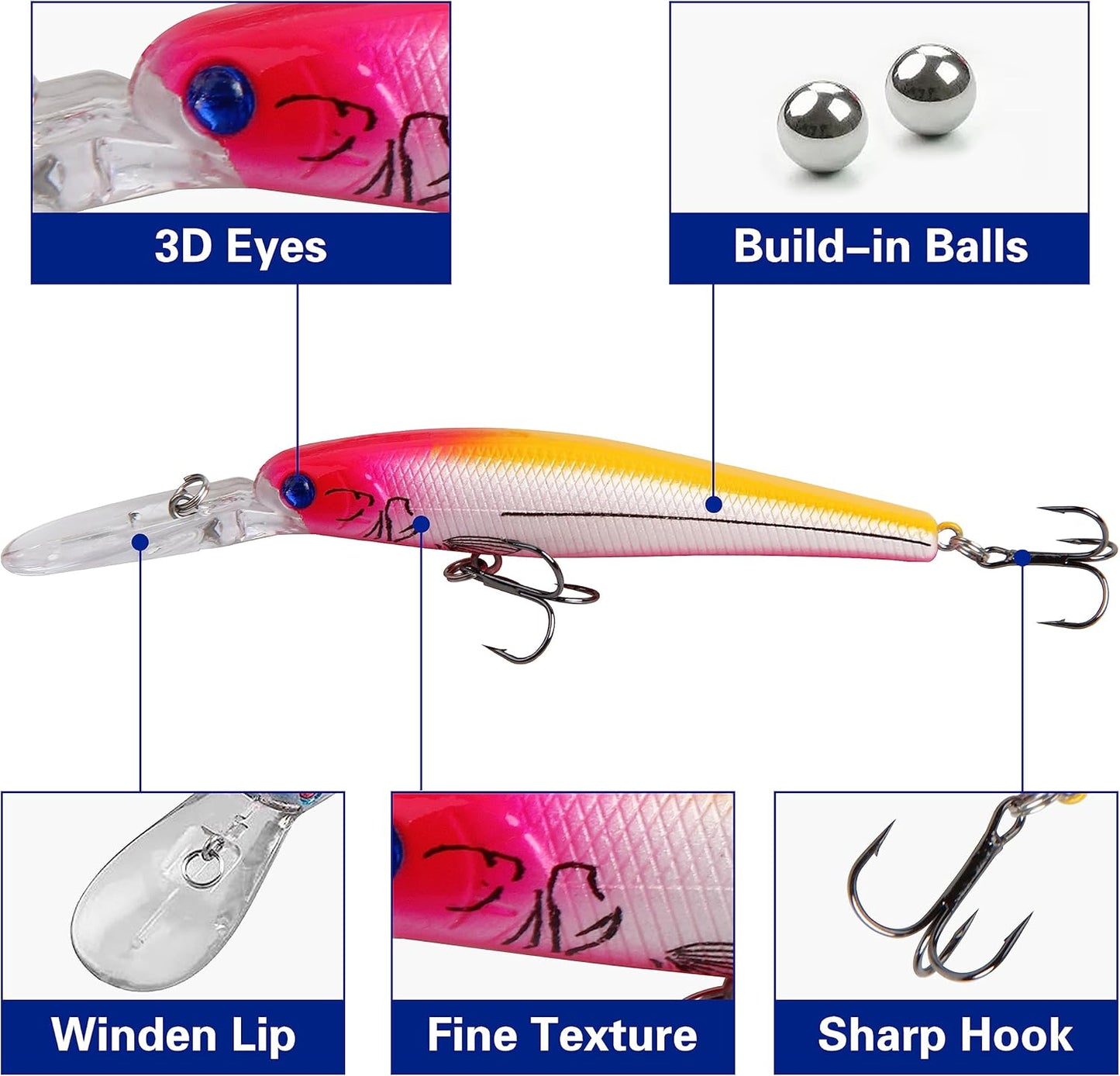 Minnow Fishing Lures Hard Baits, 10pcs Lifelike Swimbaits for Bass Fishing Diving Jerkbait Sinking Lures with Treble Hooks for Walleye Trout Catfish Redfish Pike Saltwater Freshwater