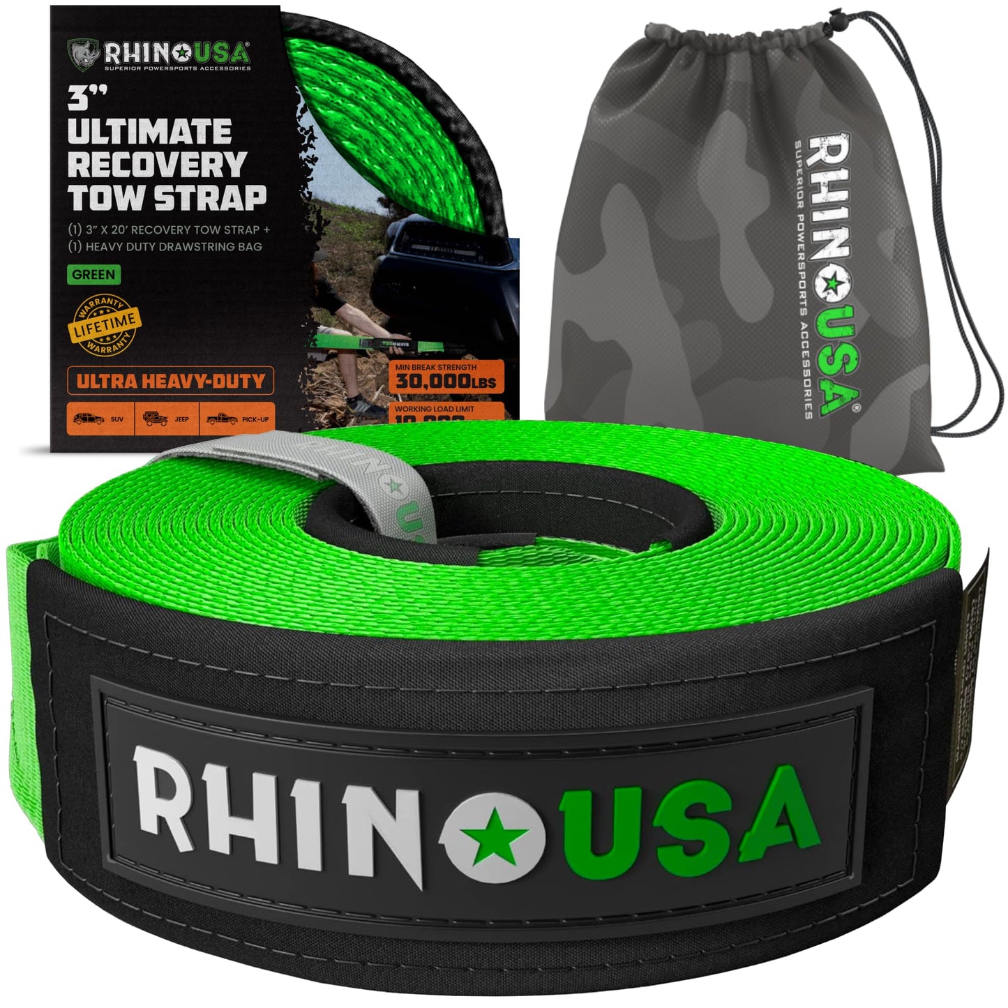 Rhino USA Recovery Tow Strap (3" x 20') - 31,518lb Break Strength - Emergency Recovery Strap Tow Rope for Truck, UTV, ATV & More - Heavy Duty Towing Strap for Offroad 4x4 Use - Compatible with Jeep