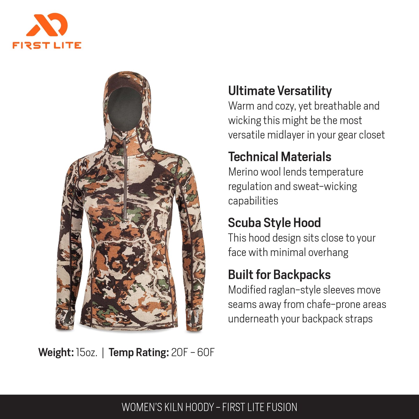 First Lite Women's Kiln Hoody - Merino Wool Midweight Camo Hunting Base Layer