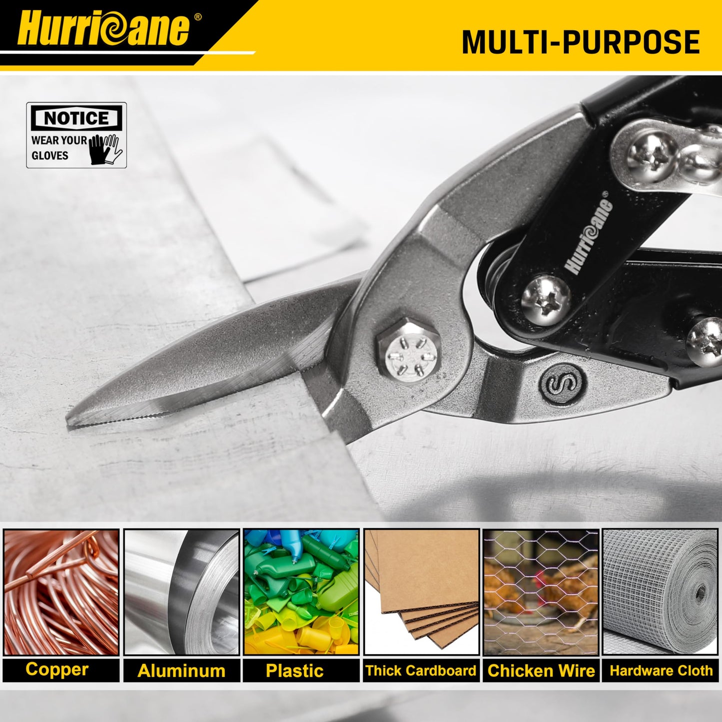 HURRICANE 3 pc Aviation Tin Snips Set, Metal Cutter Shear for Cut Sheet Metal, Chrome Vanadium Steel, Straight Left and Right, Ergonomical TyreGrip Handle with Hang Hole and Safety Latch