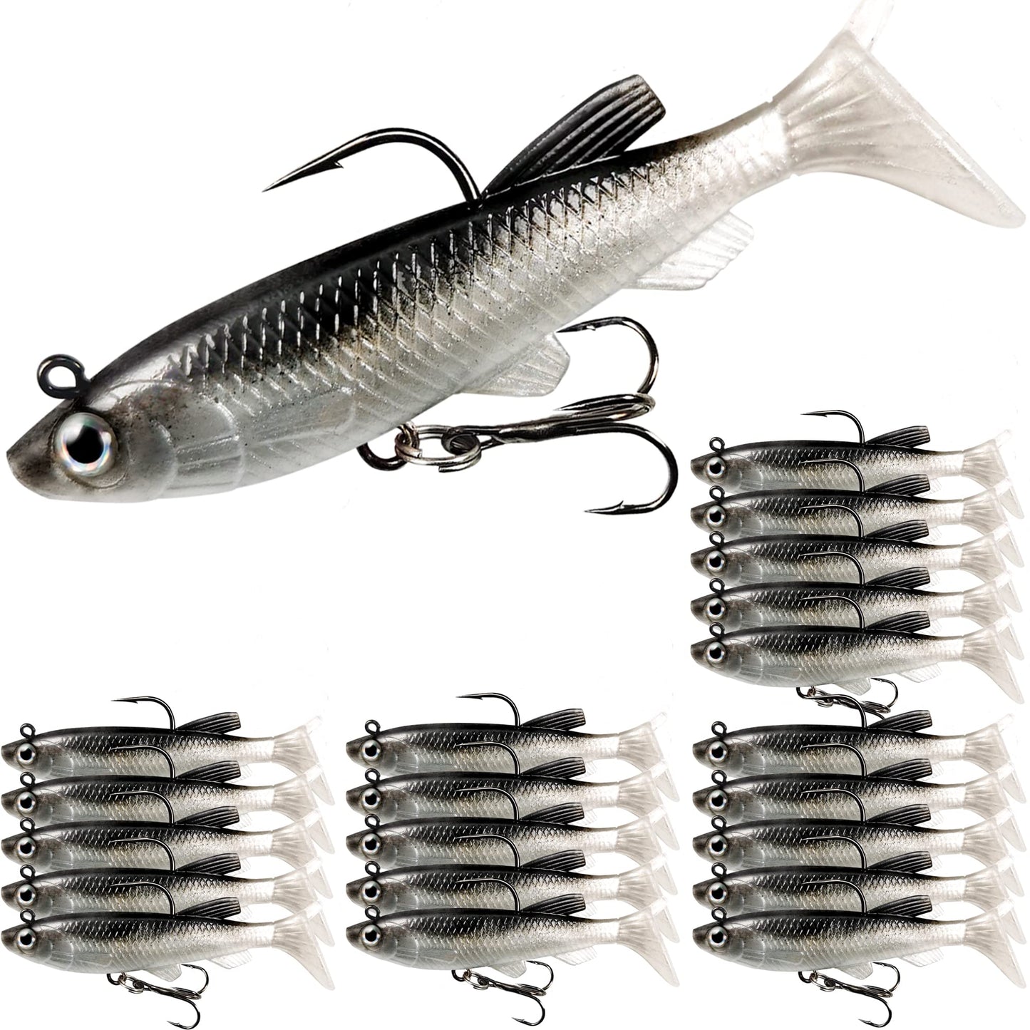 Soft Fishing Lures Shad Minnow Swimbaits, Pre-Rigged Jig Heads Paddle Tail Swim Baits for Bass, Trout, Walleye, Crappie, Sinking Jigs Bait for Saltwater Freshwater, Fishing Gifts for Men