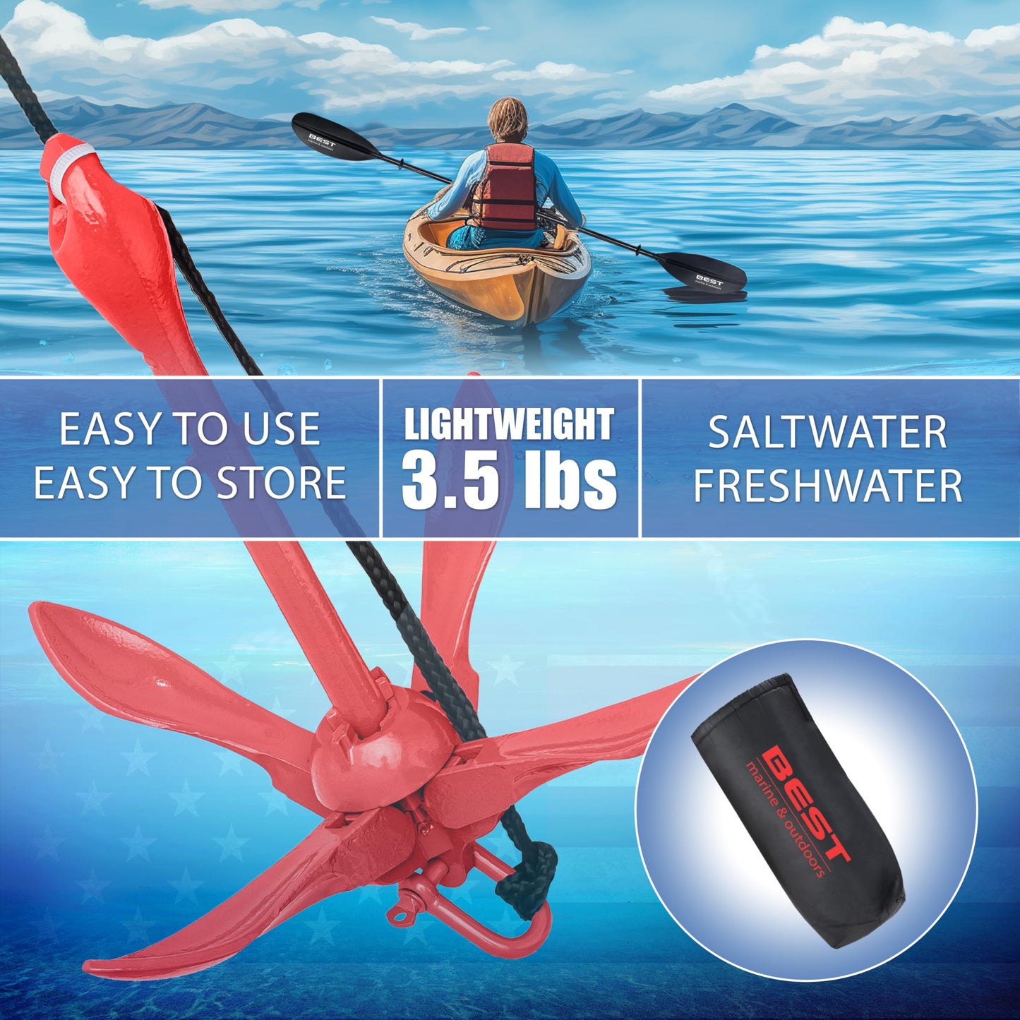 Best Marine and Outdoors Kayak Anchor, 3.5 Pound Anchor System Kit for Kayaks, Canoes, SUP Paddle Boards & Jet Skis, Fishing, Boating & Kayaking Accessories
