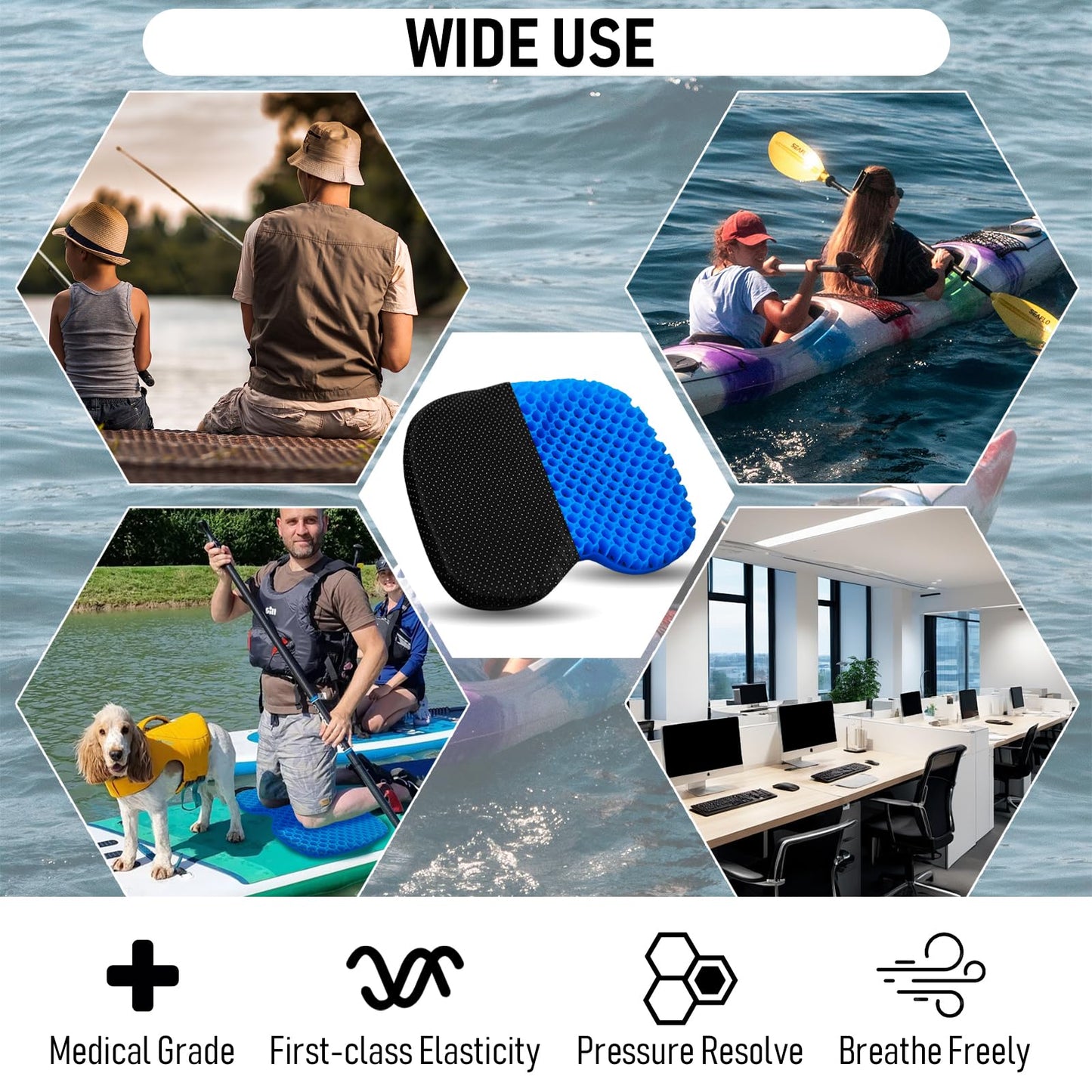 Kayak Seat Cushion, Thicken Anti Slip Waterproof Gel Kayak Seat, Portable Canoe Rowing Rubber Dinghy Pad for Stadium Sit in Kayak Inflatable Fishing Kayak Canoe Kayak Accessories