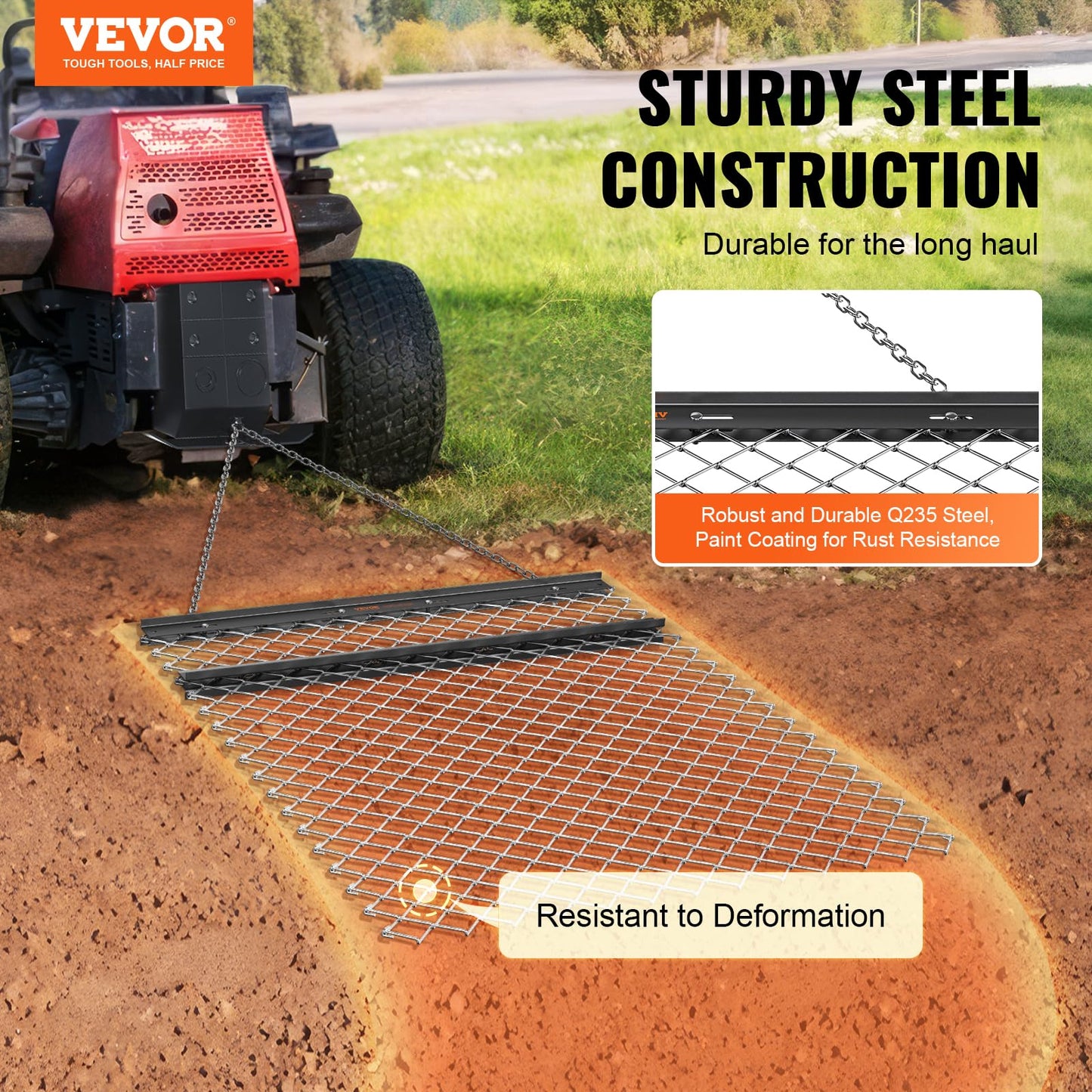 VEVOR 4' x 5' ATV Drag Harrow, Q235 Steel UTV Tractor Attachments for Landscape Leveling or Sod Prepping, Towable Grader for Gravel Driveway, Garden, Farm, Field Black
