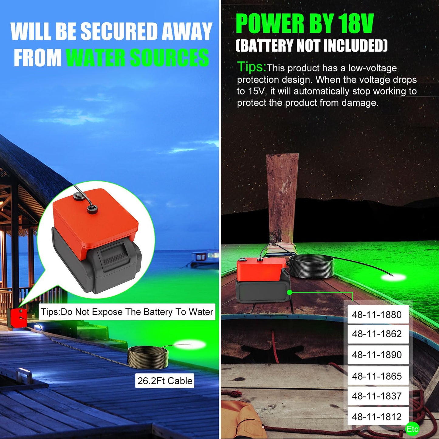 Underwater Fishing Light Compatible for Milwaukee 18V Battery,LED Green Light for 30W IP68 3000 Lumens Fish Attracting, Night Fishing for Docks Boats or Kayaks(no Battery)