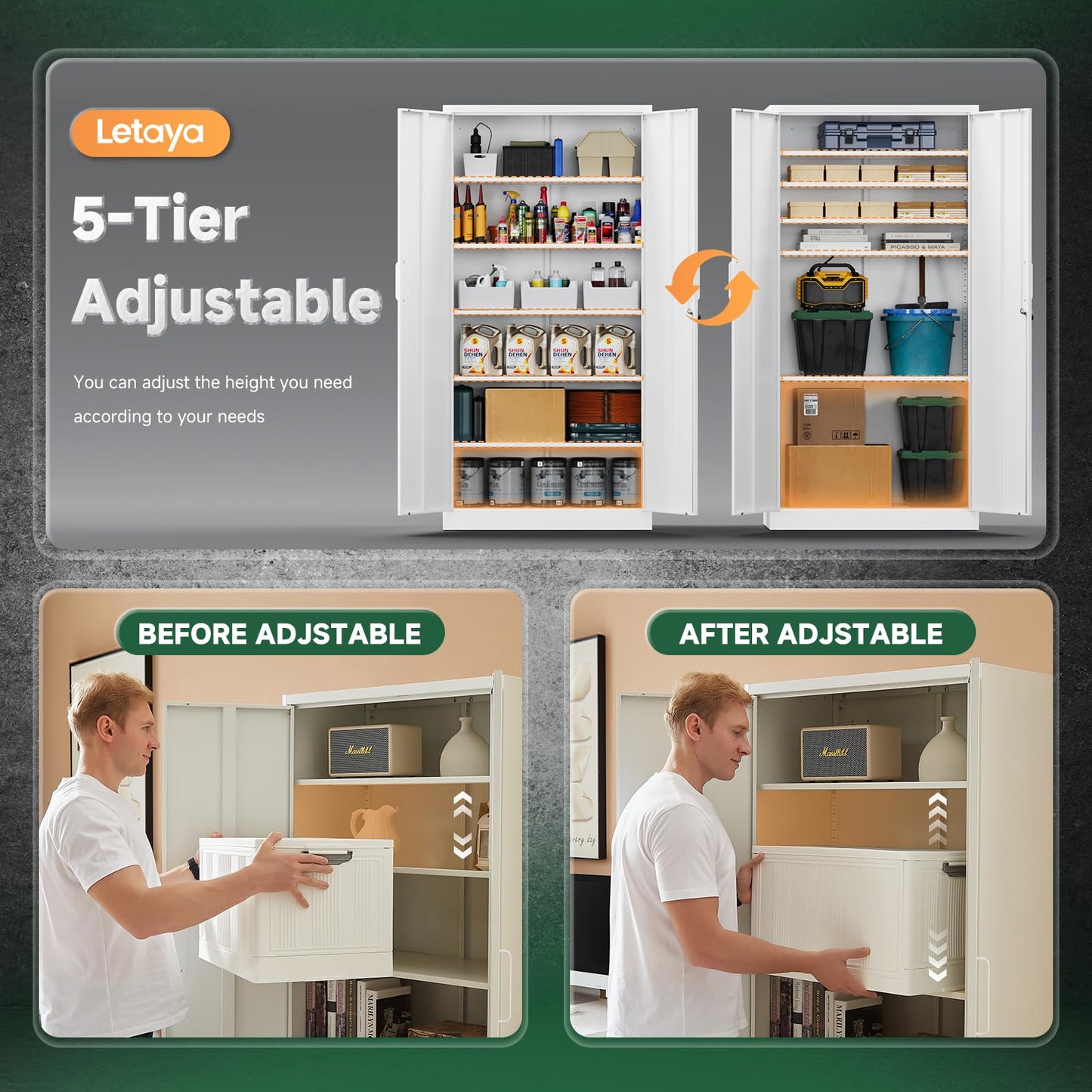 Letaya Metal Garage Storage Cabinets with Lock-72 Tall Tool Organizer Steel Lockers, 5 Adjustable Layers Shelves for Home,Office,Warehouse,Garage,(Black-72“)