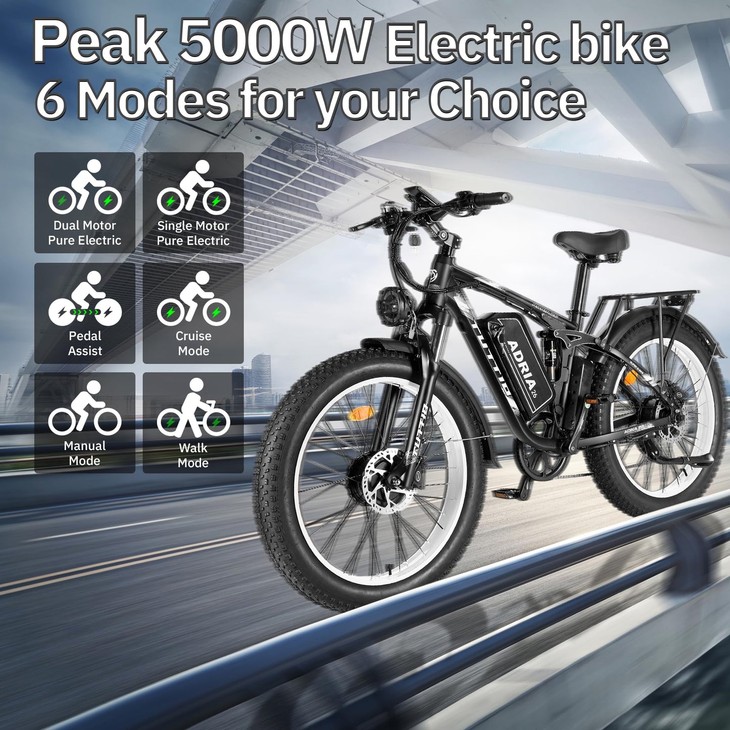 Peak 5000W-Electric-Bike for Adults-Men, Dual-Motor-Ebike 40-46MPH-Hunting-Ebike, 52V 30AH Long Range Dirtbike, 26" Fat-Tire-Electric-Bicycle, Full Suspension Mountain Bike for Off-Road Snow Sand