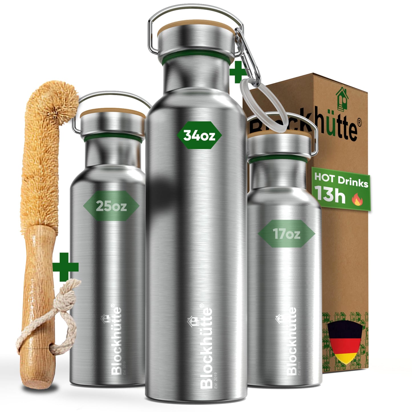 Blockhütte Vacuum Insulated Stainless Steel Water Bottle I 25 oz I Wide Mouth Metal Bottle for hot and cold drinks I BPA-Free I for Travel, School I Kids, Adults, Water Canteen, Sports, flask