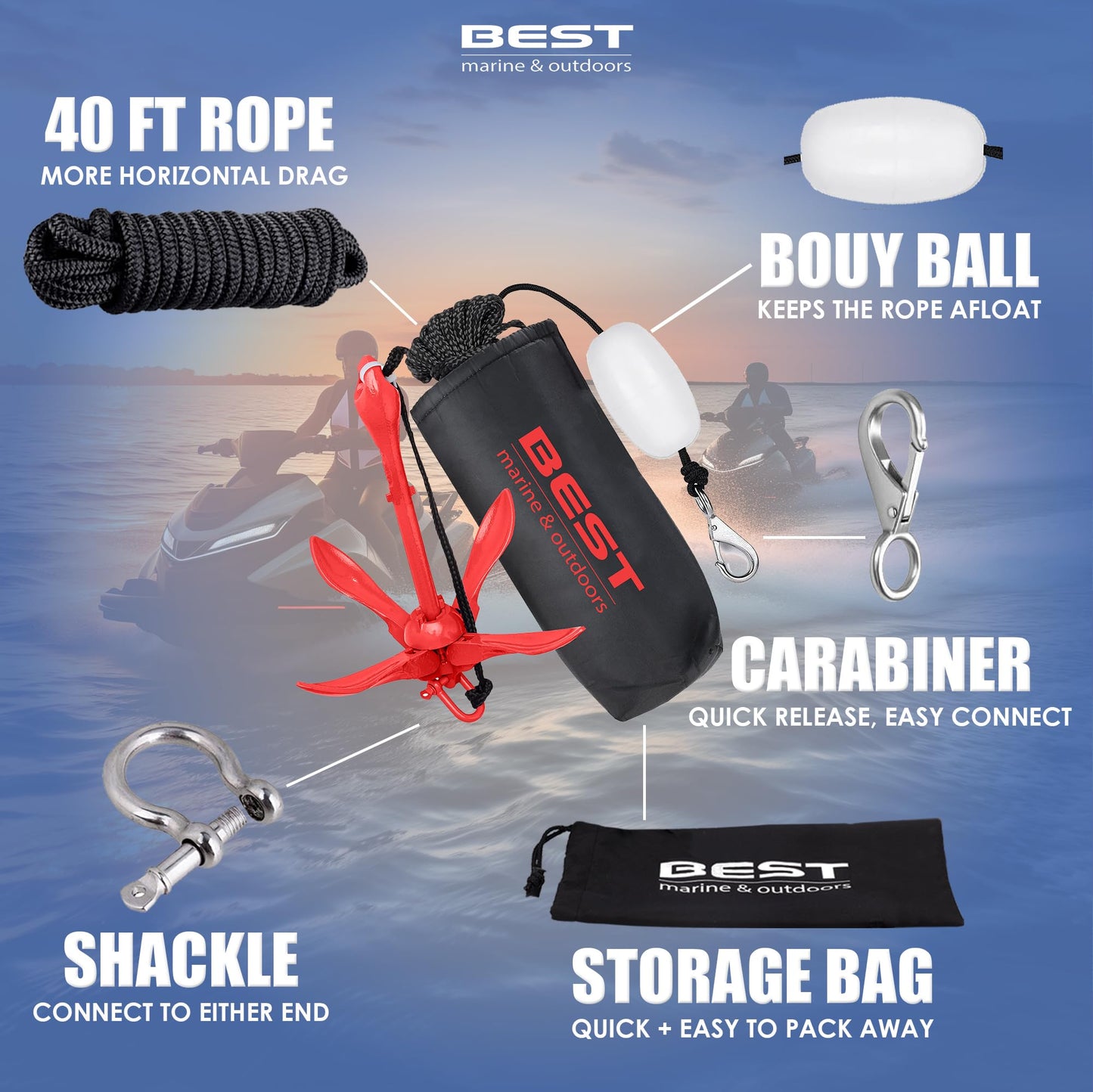 Best Marine and Outdoors Kayak Anchor, 3.5 Pound Anchor System Kit for Kayaks, Canoes, SUP Paddle Boards & Jet Skis, Fishing, Boating & Kayaking Accessories