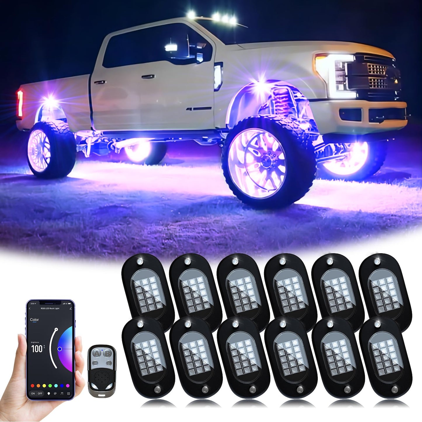 YiLaie RGB LED Rock Lights 14 Pods, 210 LEDs Lights with Phone App/Remote Control & Timing & Music Mode Rock Lights Kits, Waterproof Underglow Light for ATV RZR UTV SUV Off Road AUTO Motorcycle