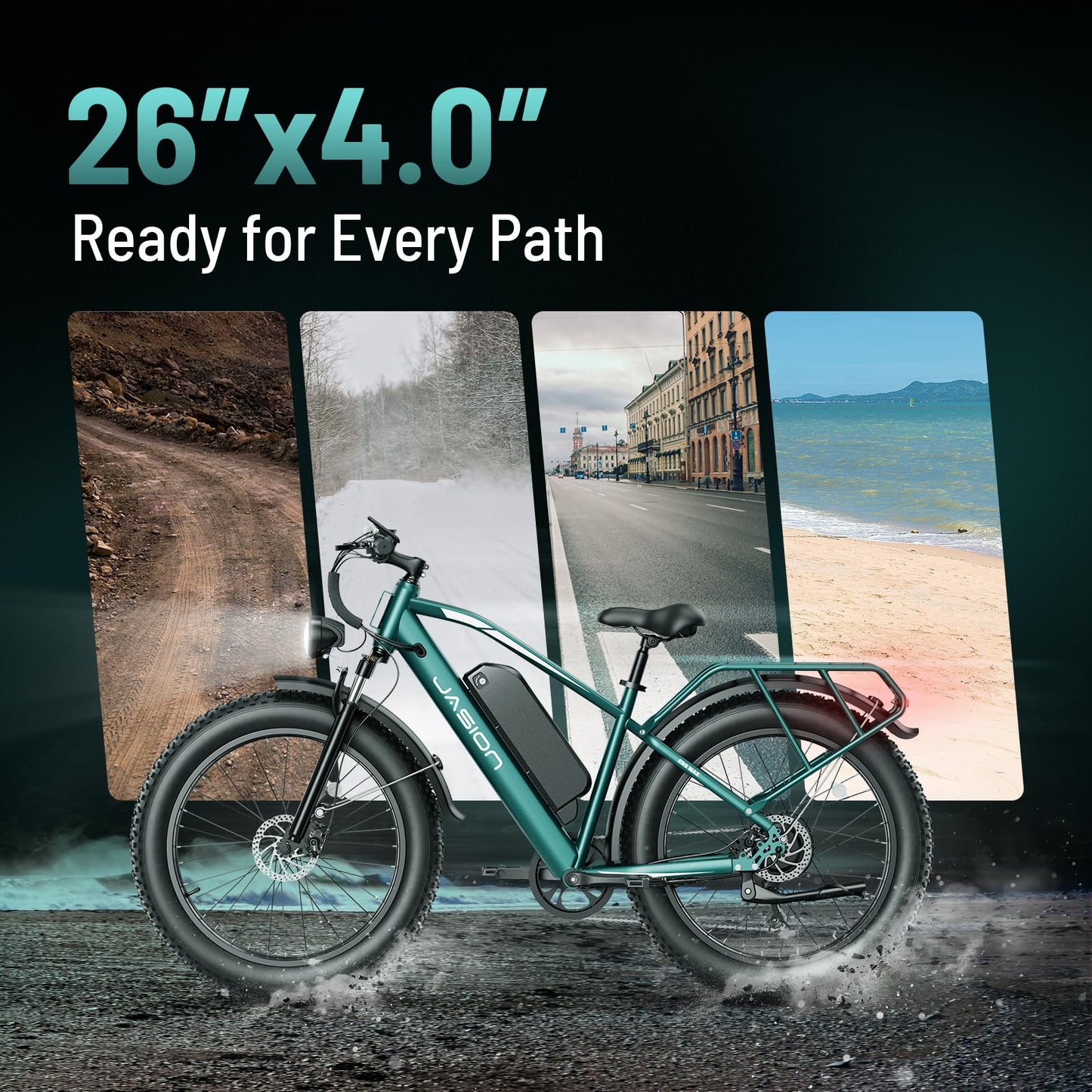Jasion EB5 MAX Electric Bike for Adults with 1500W Peak Motor, 48V 15Ah (720Wh) Battery Electric Mountain Bike, 26'' x 4'' Fat Tire Ebike, 28+MPH Speed, Cruise Control, with Fenders, Rear Rack