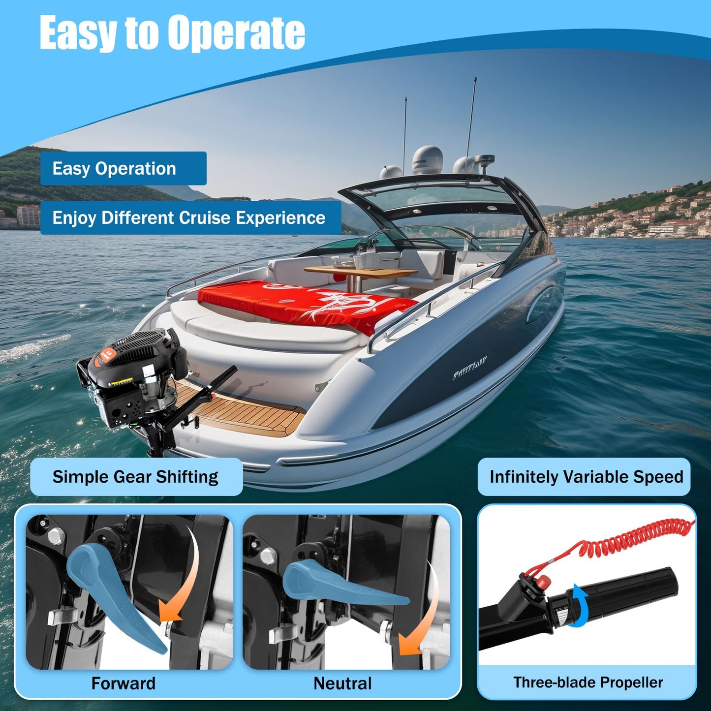 52cc Single Cylinder Gas 2.3HP Outboard Motor, Long Shaft with Air Cooling for Inflatable, Rubber, Fishing Boats, Yachts, Water Sports