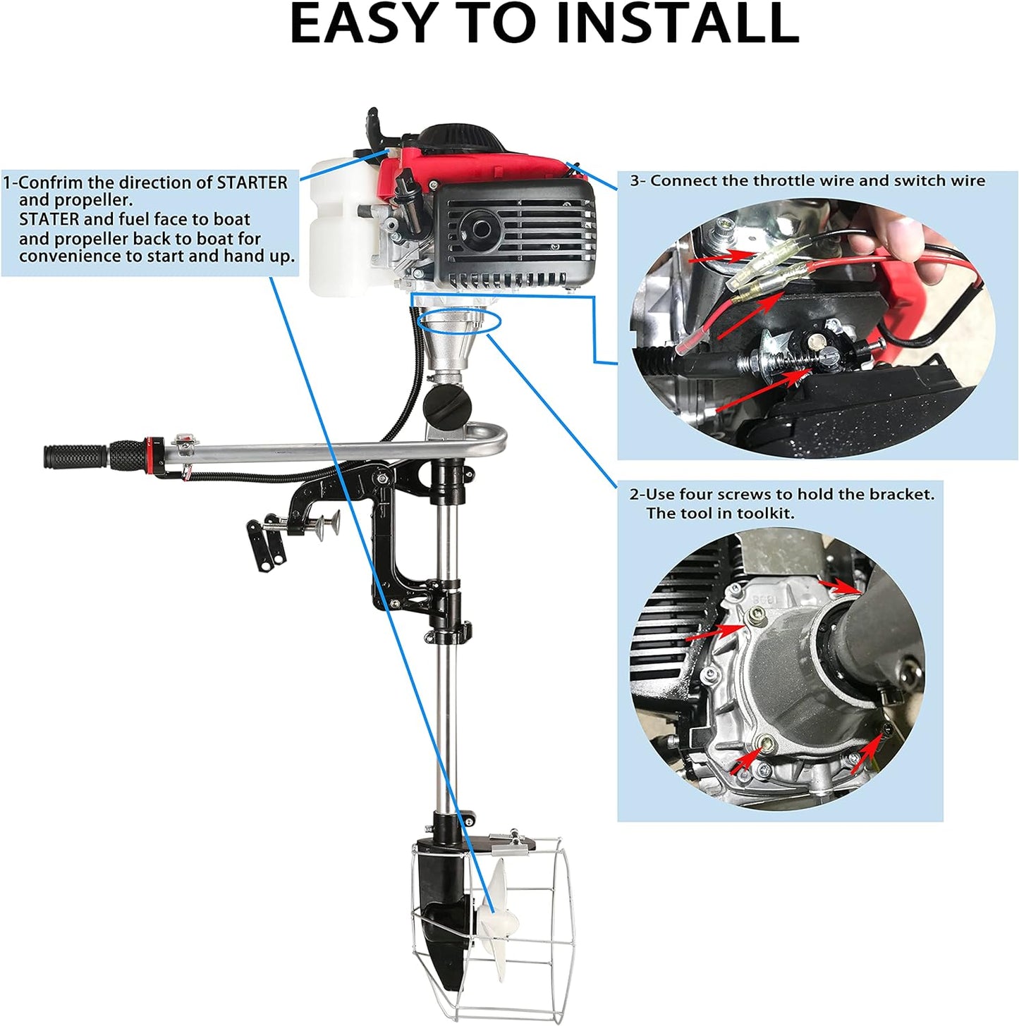Outboard Motor Boat Engine 4 Stroke 4.0 HP Marine Boat Motor with Air Cooling System and Manual Pull Start for Inflatable Fishing Boats Yachts Water Sport Tools, with Shade