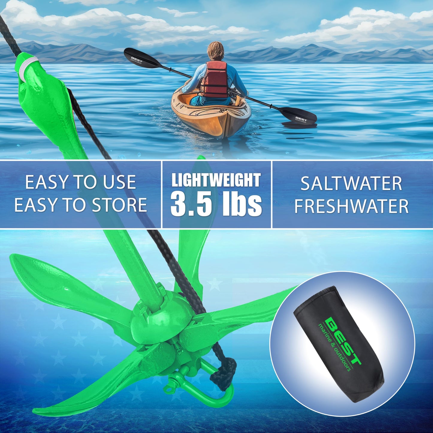 Best Marine and Outdoors Kayak Anchor, 3.5 Pound Anchor System Kit for Kayaks, Canoes, SUP Paddle Boards & Jet Skis, Fishing, Boating & Kayaking Accessories