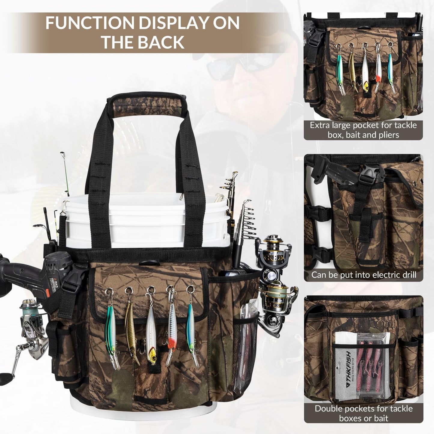 THKFISH Fishing Bucket Organizer for 5 Gallon Bucket, Ice Fishing Bucket Bag with Rod & Plier Holder, Adjustable Fish Protection Bucket Bag with Multi-Pockets for Fishing Gear