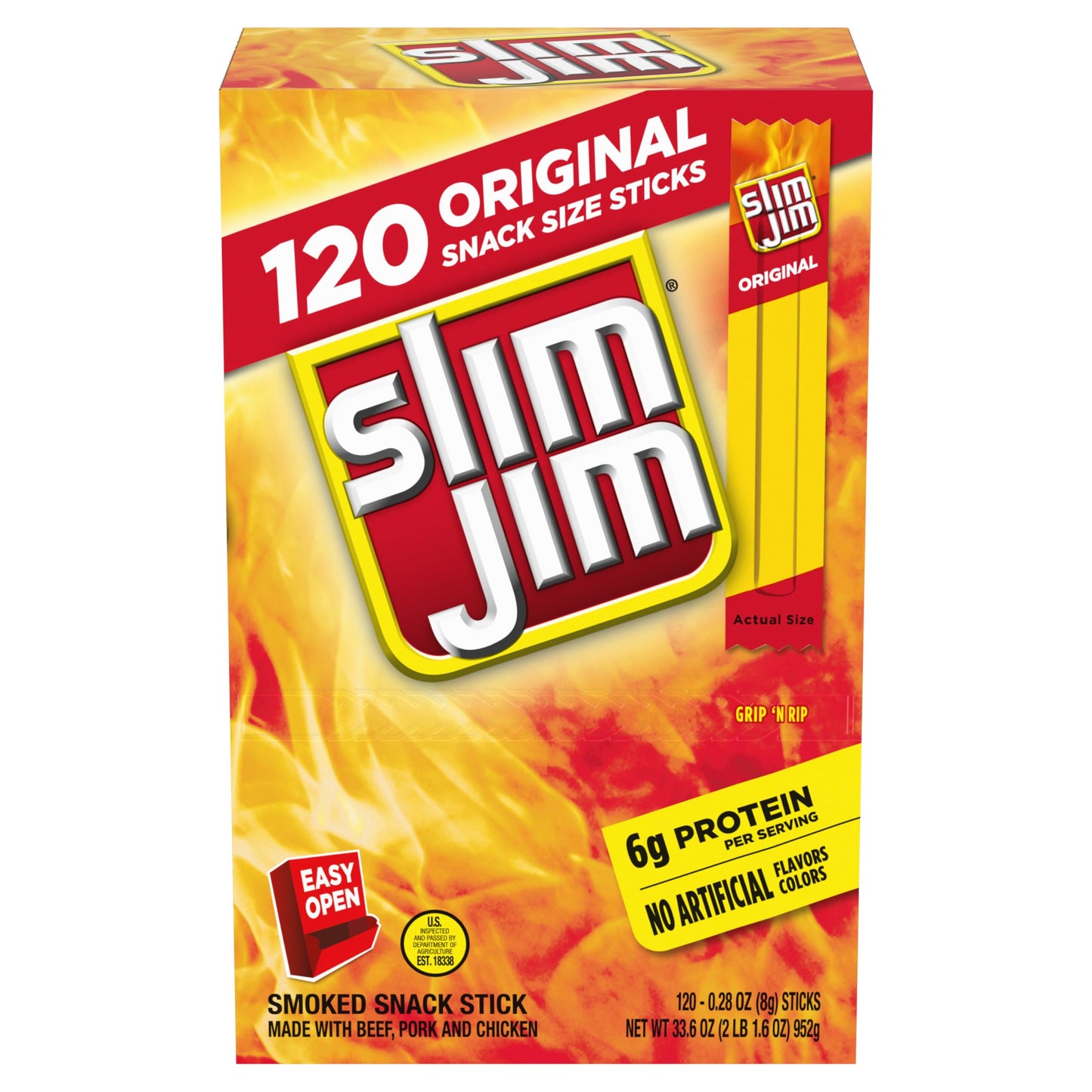 Slim Jim Smoked Meat Sticks, Mild Flavor, 6g Protein Per Serving, Snack Size, 0.28 oz. (100 Count)