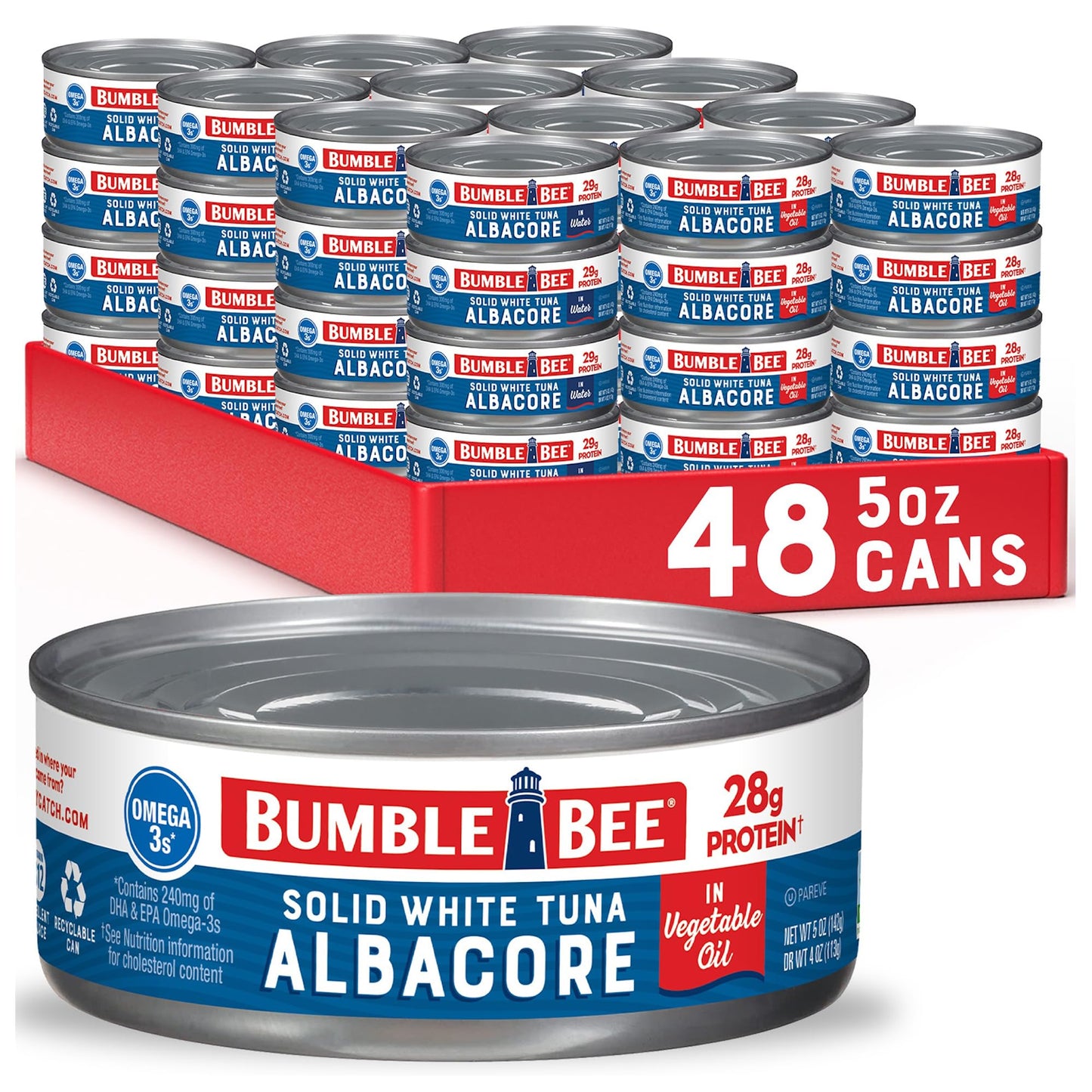 Bumble Bee Solid White Albacore Tuna in Water, 5 oz Can (Pack of 8) - Wild Caught Tuna - 29g Protein per Serving, High in Omega-3s - Non-GMO Project Verified, Gluten Free, Kosher