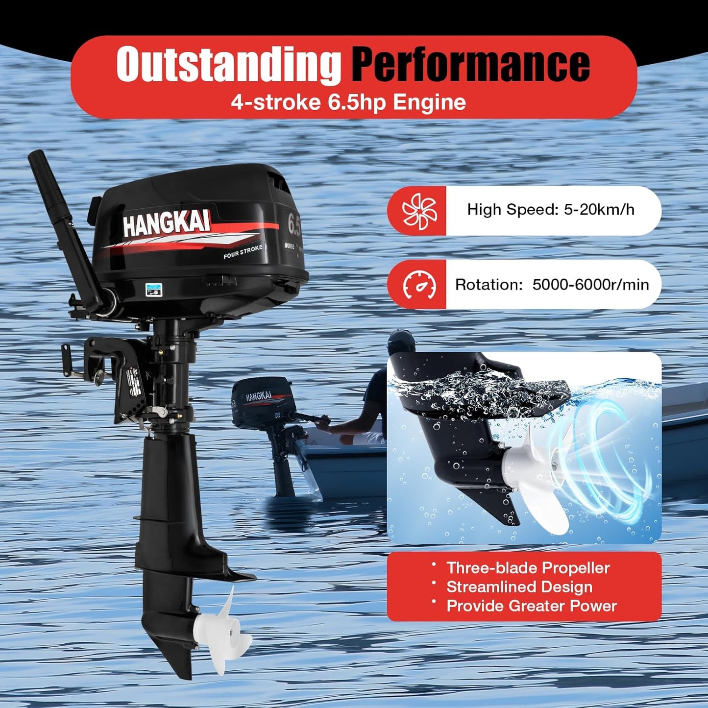 4-Stroke HANGKAI 6.5HP Outboard Motor Gas Powered, 123CC Fishing Boat Engine Outboard Motor Engine for Inflatable Boat Kayak Canoe Sailboat 5000-6000r/Min