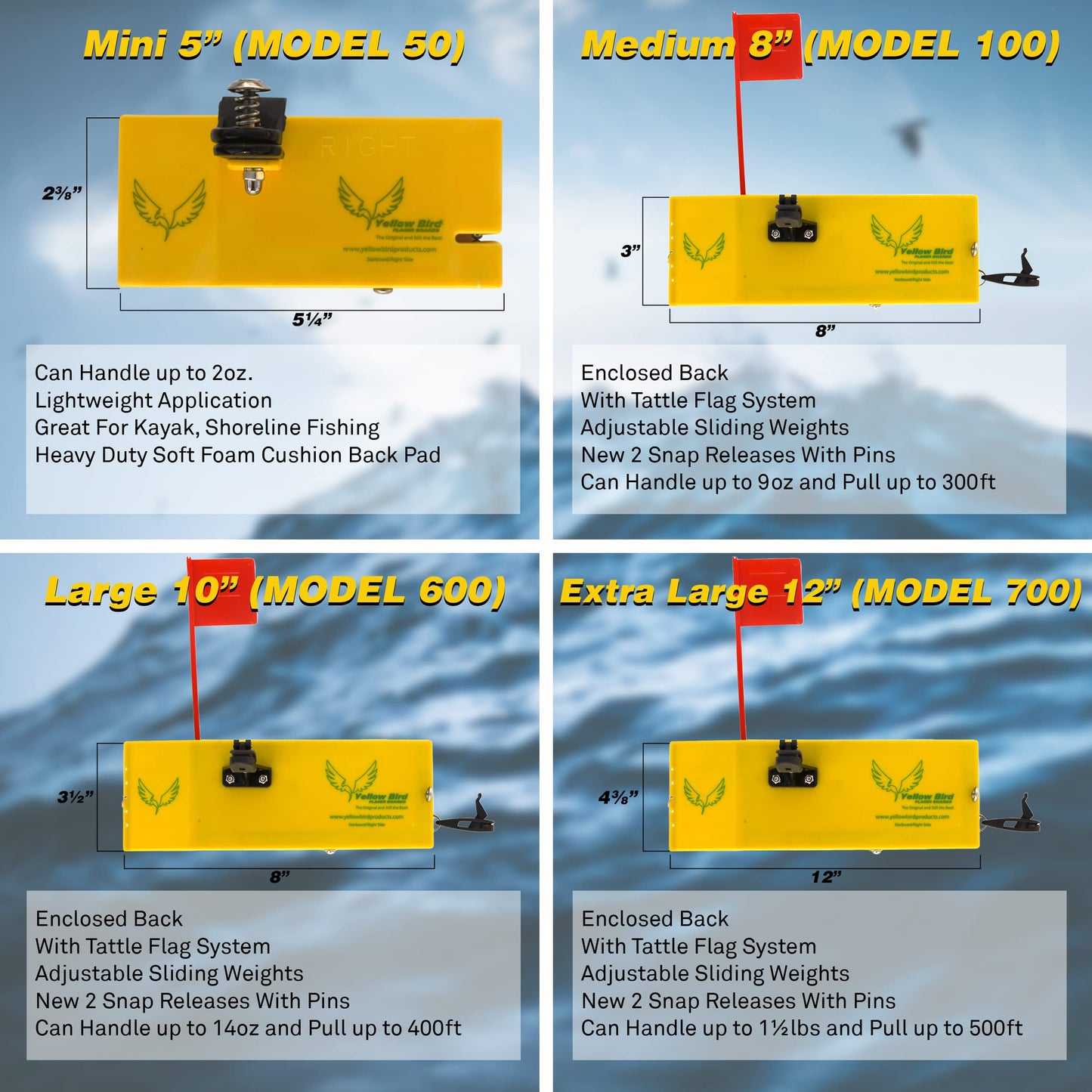 Yellow Bird Planer Board for Fishing - Available in 4 Sizes