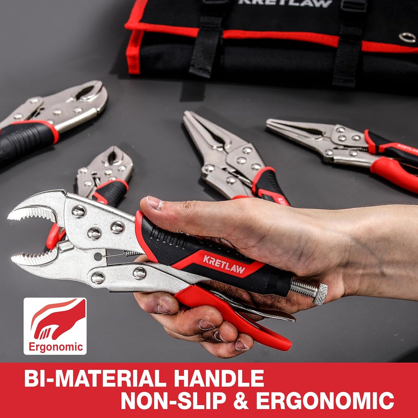 Vice Grips Pliers Set - 6-Piece Set Including 6-1/2" & 9-1/2" Long Nose, 5", 7" & 10" Curved Jaw, 6" C-Clamp Locking Pliers With Rolling Pouch