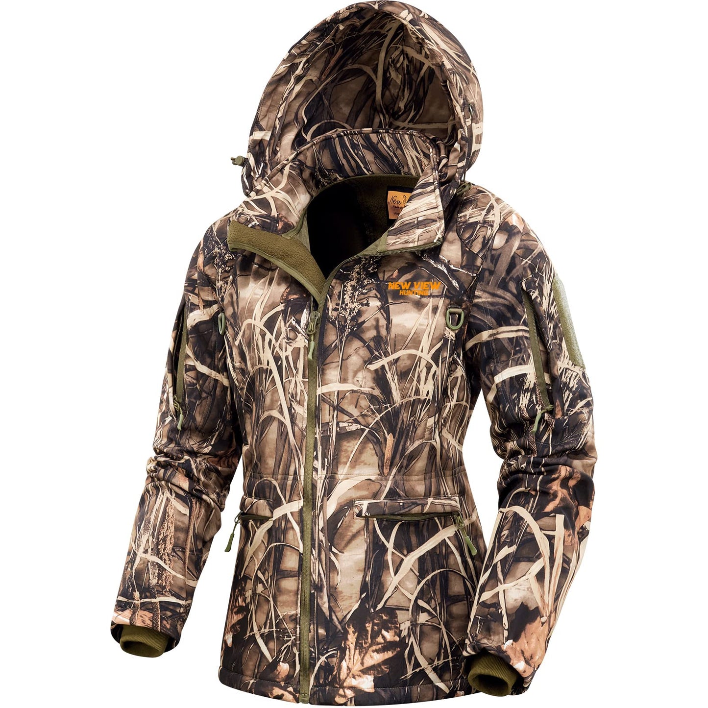 NEW VIEW Womens Hunting Clothes, Upgraded Ultra-Quiet Water Resistant Camo Hunting Jacket for Duck Waterfowl Deer Hunting