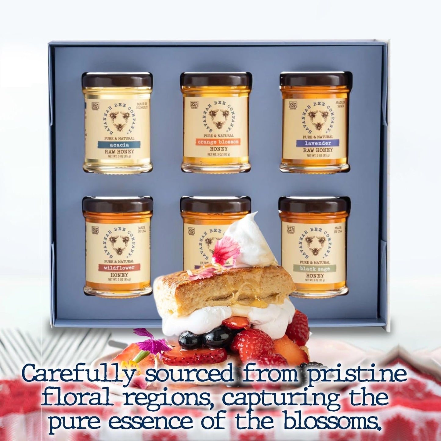 Blossom to Bottle - Honey Gift with Tupelo, Lavender, Wildflower, Black Sage, Acacia and Orange Blossom Honeys - Pure and Natural