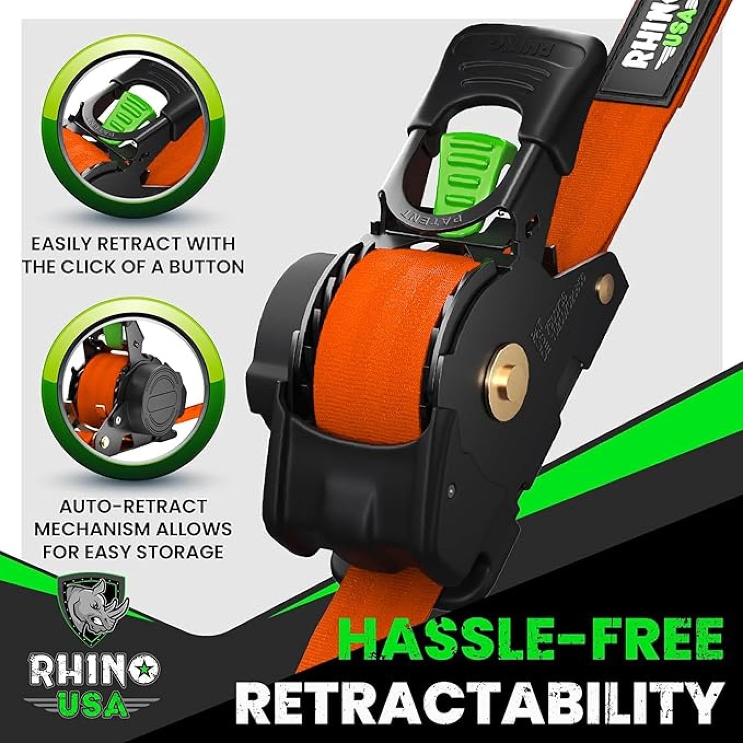Rhino USA Retractable Ratchet Straps (4-Pack) - 1 Inch x 10 Feet (1,209lb Break Strength) - Heavy Duty Auto Self Retracting Tie Down Straps for Truck, Cargo Trailer, Motorcycle, Rad & More - Black
