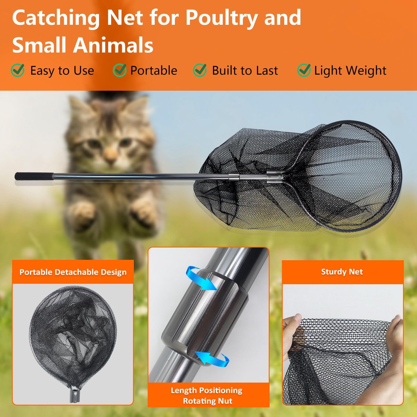 Catch Net Small Animal Control Net Poultry Catching Trap Tool for Cat, Chicken, Duck, Goose, Fish, Bird and Others (43~78" Telescoping Handle with 20.5" Net Opening)