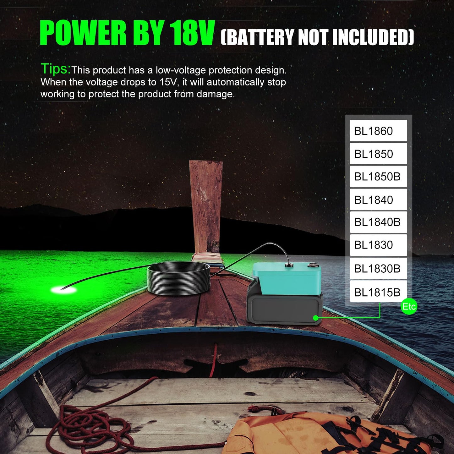 Underwater Fishing Light Compatible for Milwaukee 18V Battery,LED Green Light for 30W IP68 3000 Lumens Fish Attracting, Night Fishing for Docks Boats or Kayaks(no Battery)
