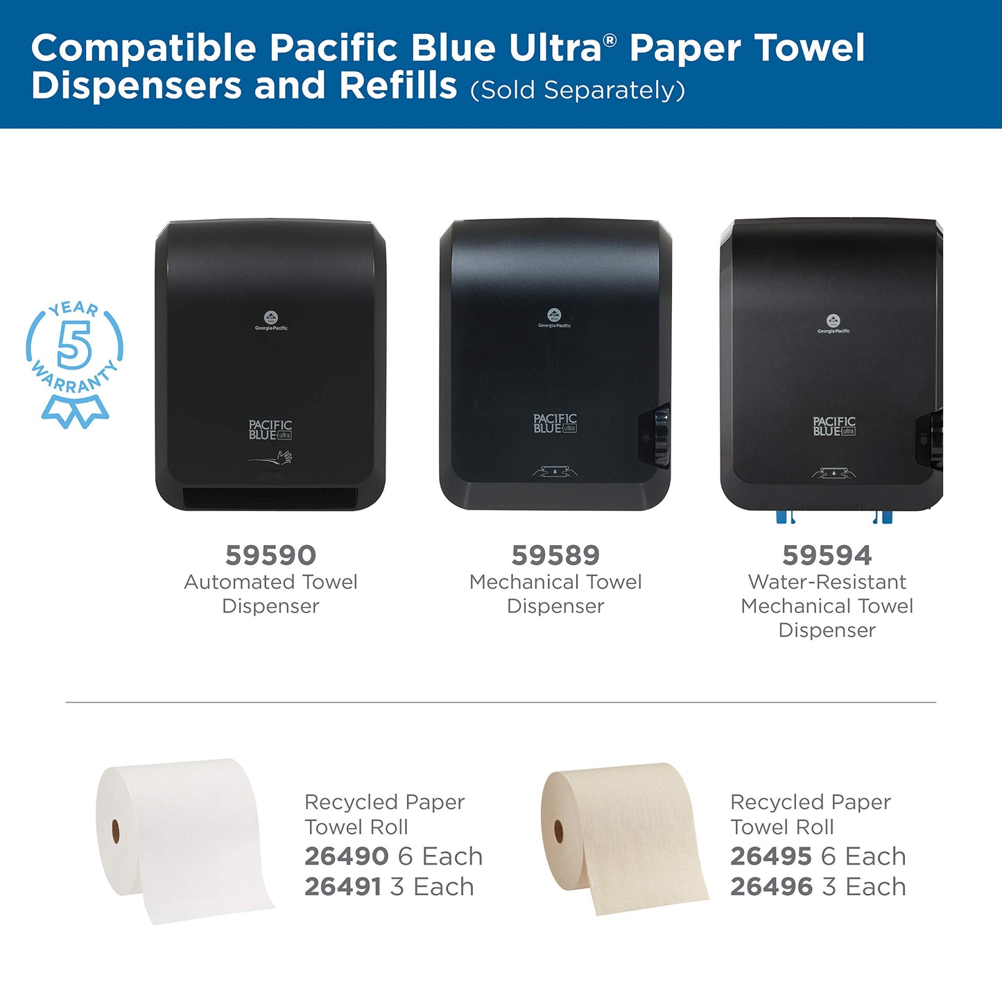 Pacific Blue Ultra 8” High-Capacity Recycled Paper Towel Roll by GP PRO (Georgia-Pacific), White, 26490, 1150 Feet Per Roll, 6 Rolls Per Case