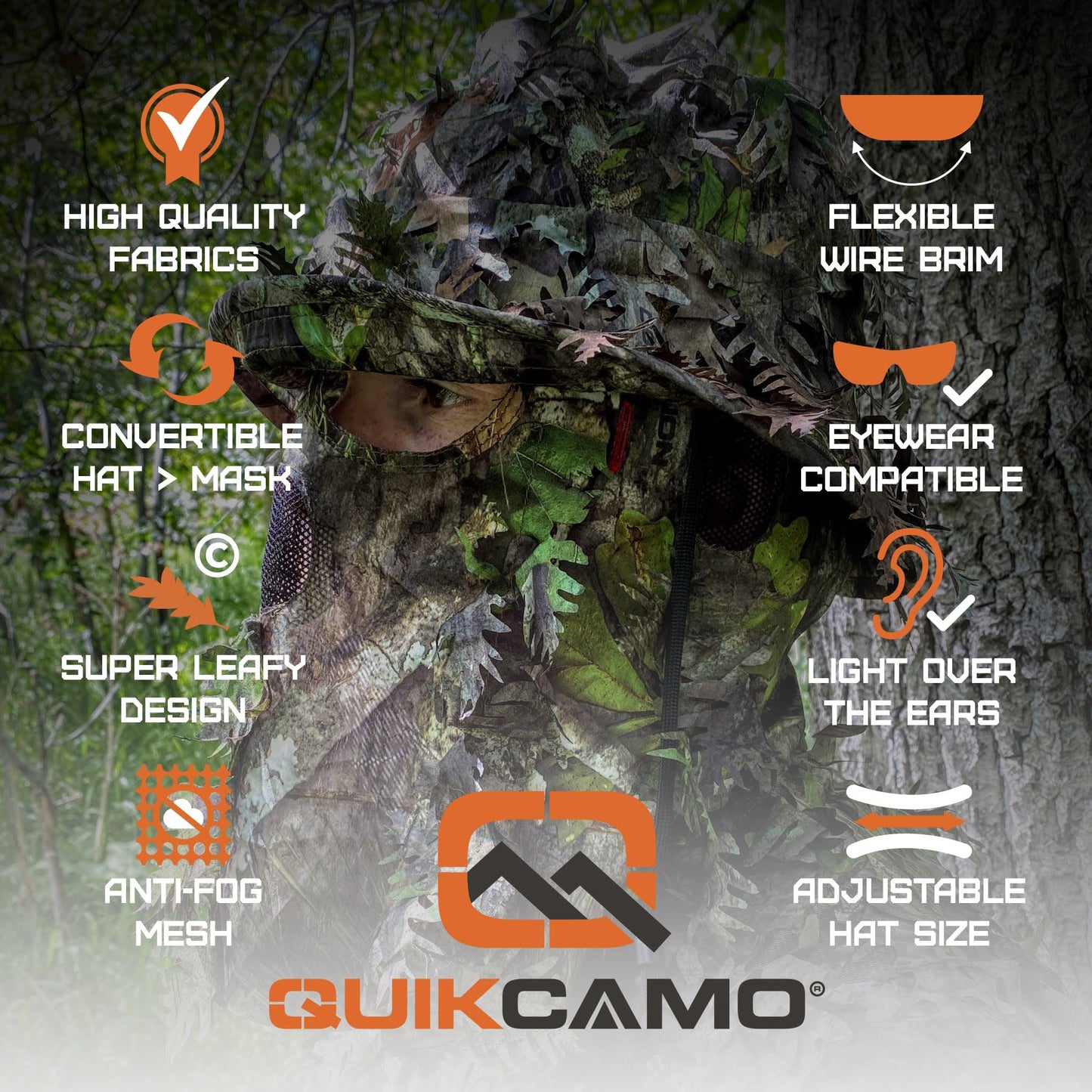 QuikCamo Realtree & Mossy Oak 3D Leafy Camo Face Mask Bucket Hat for Men Deer Duck and Turkey Hunting (Fully Adjustable OSFM)