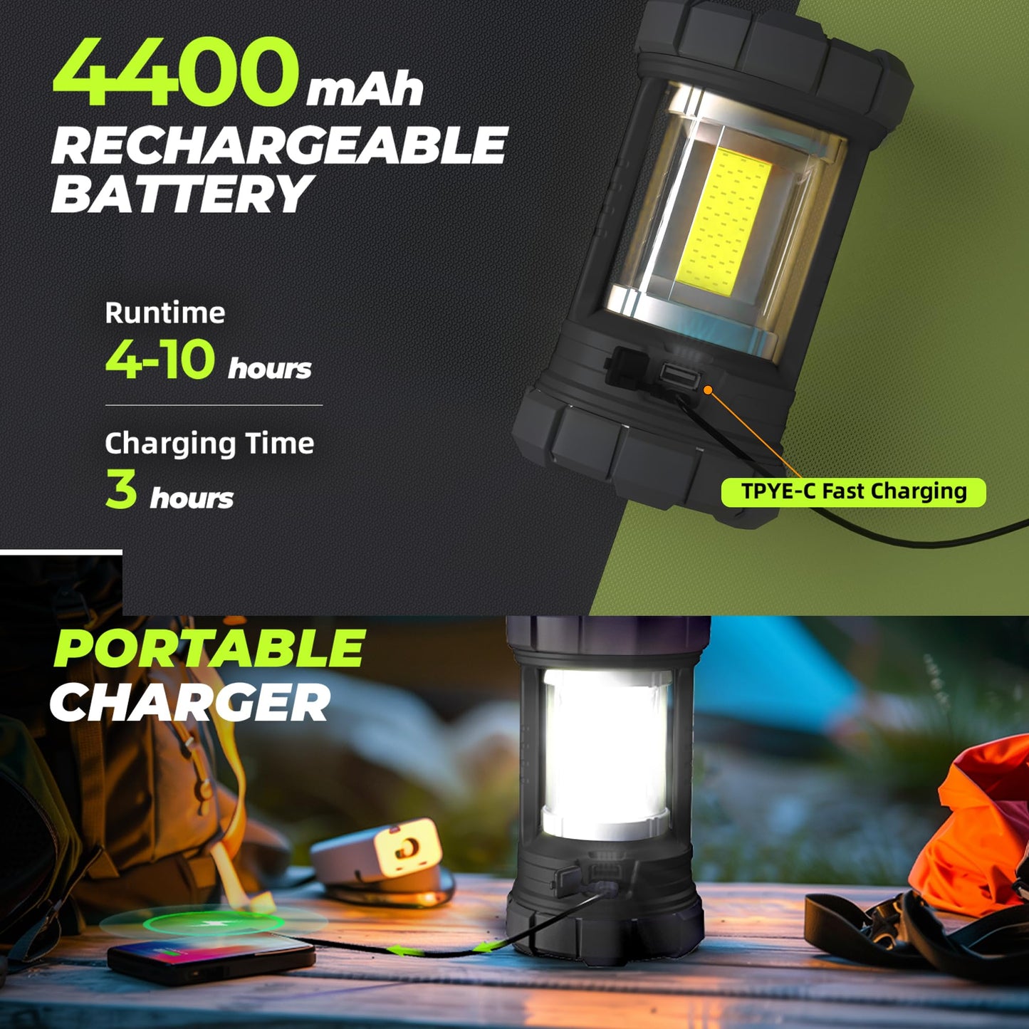 Rechargeable Camping Lantern, 3000LM 5 Light Modes Camping Light 4400 Capacity Phone Charger LED Impact-Resistant Flashlight Lantern Portable Waterproof Hurricane Lanterns for Emergency(Pale Green)