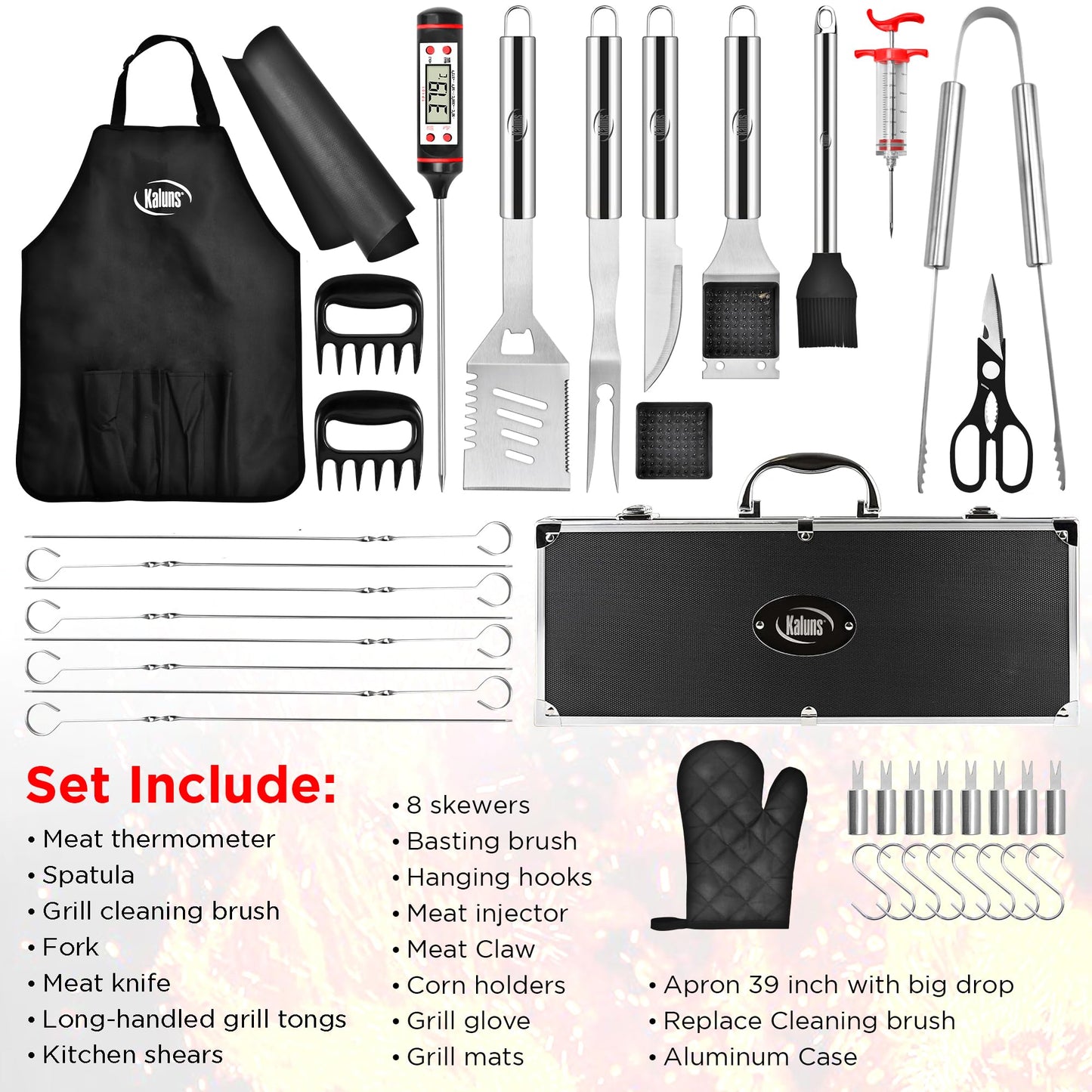 Kaluns Grilling Accessories, Dad Gifts for Fathers Day Grilling Gifts, Heavy Duty Stainless Steel BBQ Grill Tools Set for Outdoor Grill with Aluminum Case and Apron, Dad Birthday Gifts for Men Husband