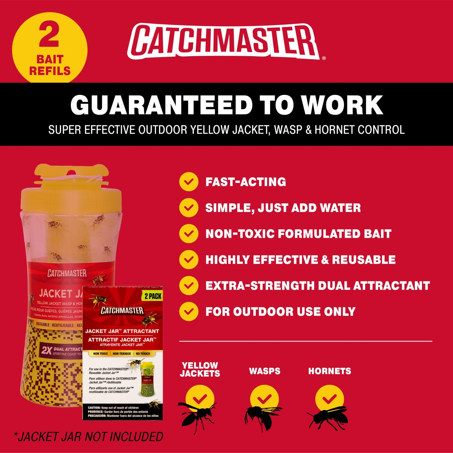Catchmaster Yellow Jacket, Hornet, & Wasp Trap Jar 2-Pk, Reusable Bug Catcher with Attractant, Outdoor Flying Insect Trap, Wasp Killer Bug Trap, Pet Safe Pest Control for Backyard, Patio, & Shed