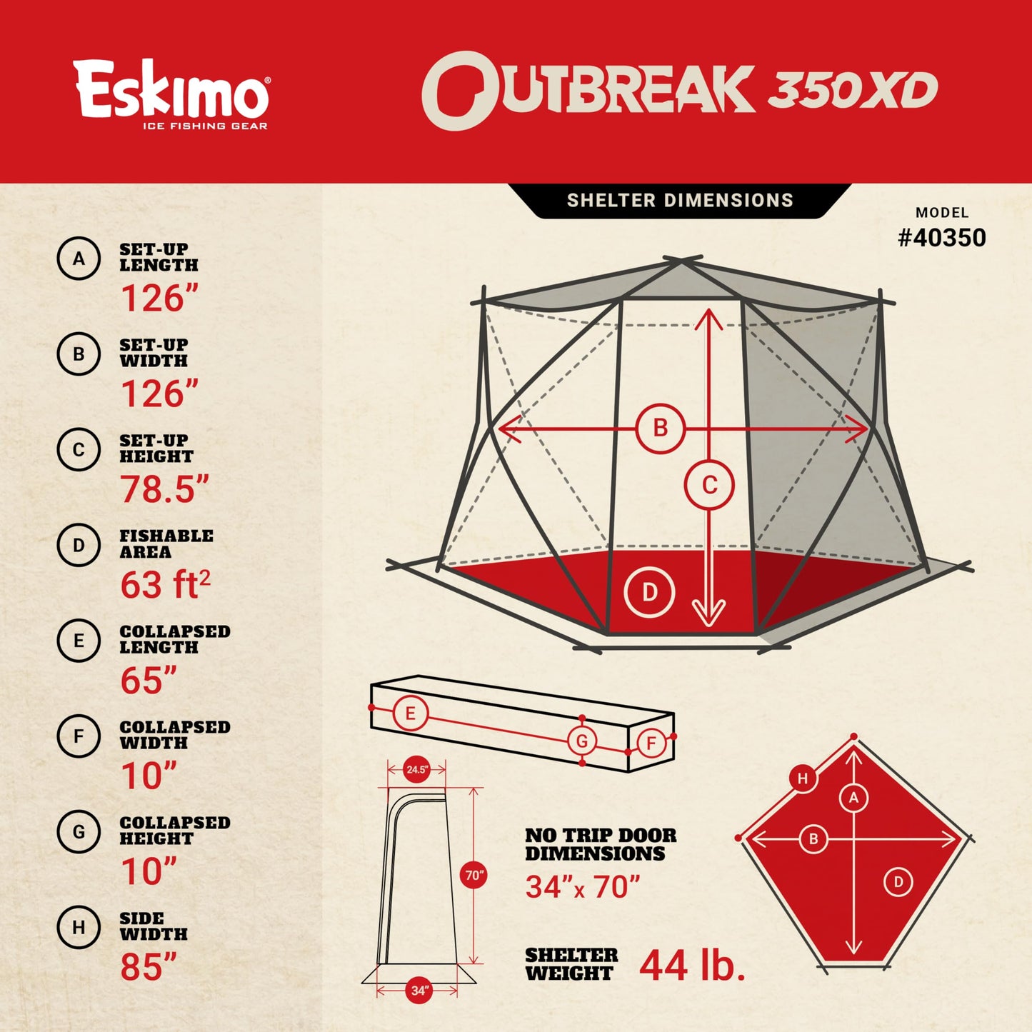 Eskimo Outbreak Portable Pop-Up Ice Fishing Shelter, Stormshield Insulated Fabric, No Trip Door, Durable Hub Design, Deluxe Tie Downs, Red/Black