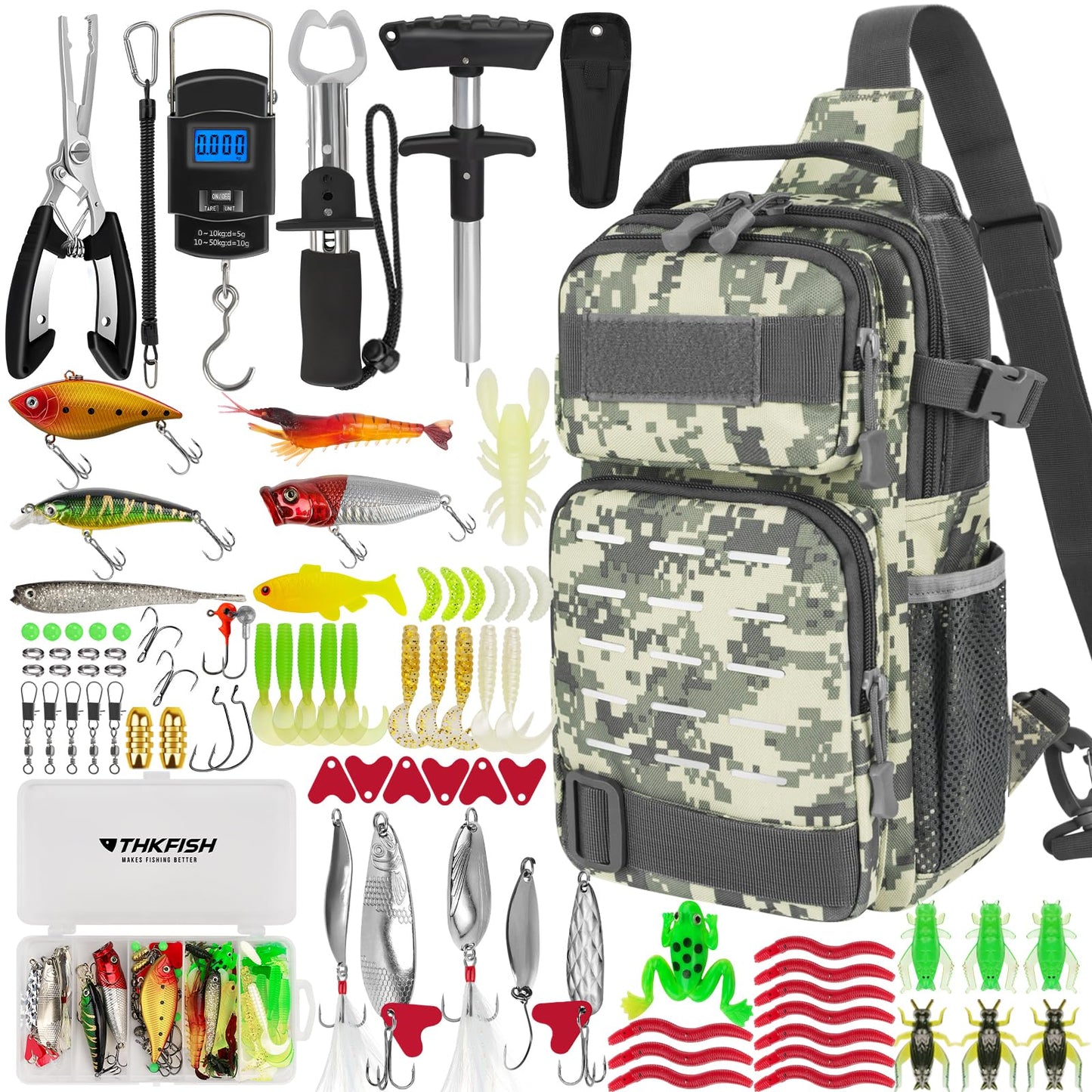 THKFISH 85Pcs Fishing Tool Kit, Fishing Backpack with Tackle Boxes Included, Fishing Tackle Kit Include Fishing Bait Lure Gear Kit, Fishing Pliers, Fish Hook Remover, Lip Gripper