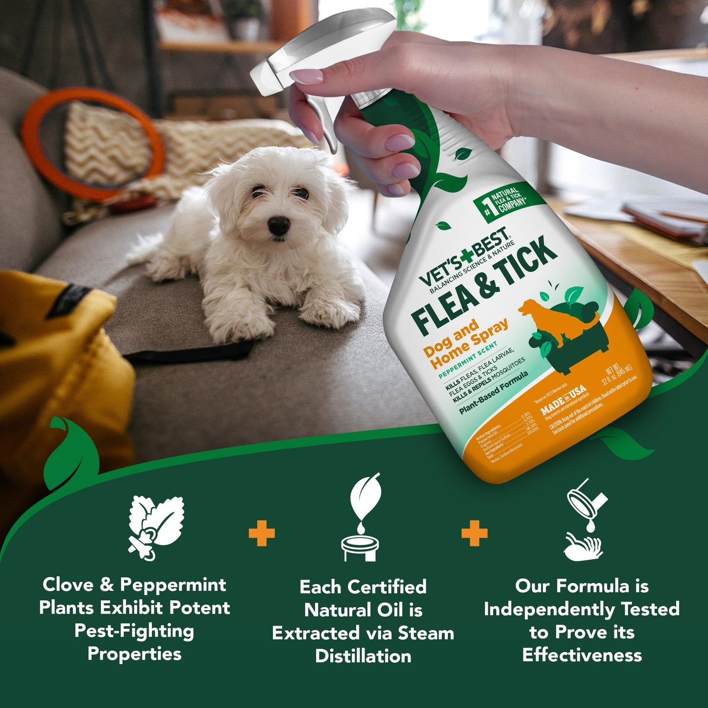 Vet's Best Flea and Tick Home Spray - Dog Flea and Tick Treatment for Home - Plant-Based Formula - Certified Natural Oils,Green - 32 oz