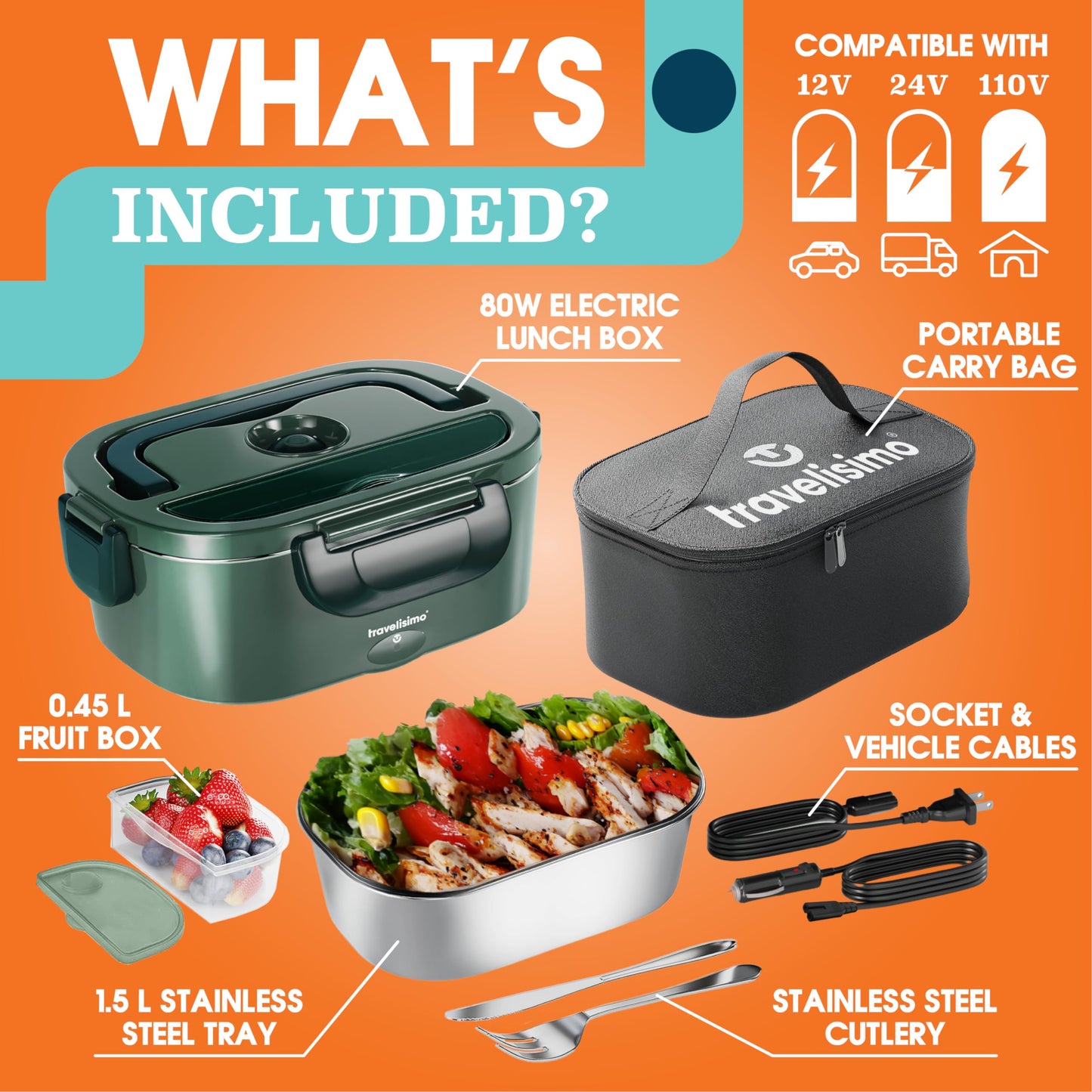 Electric Lunch Box For Adults, 80W Heated Lunch Box 1.5L, Heatable Lunchbox For Men For Car Truck Work, 12/24/110V, Loncheras Para Hombres De Trabajo, Gifts For Men, Gifts for Women