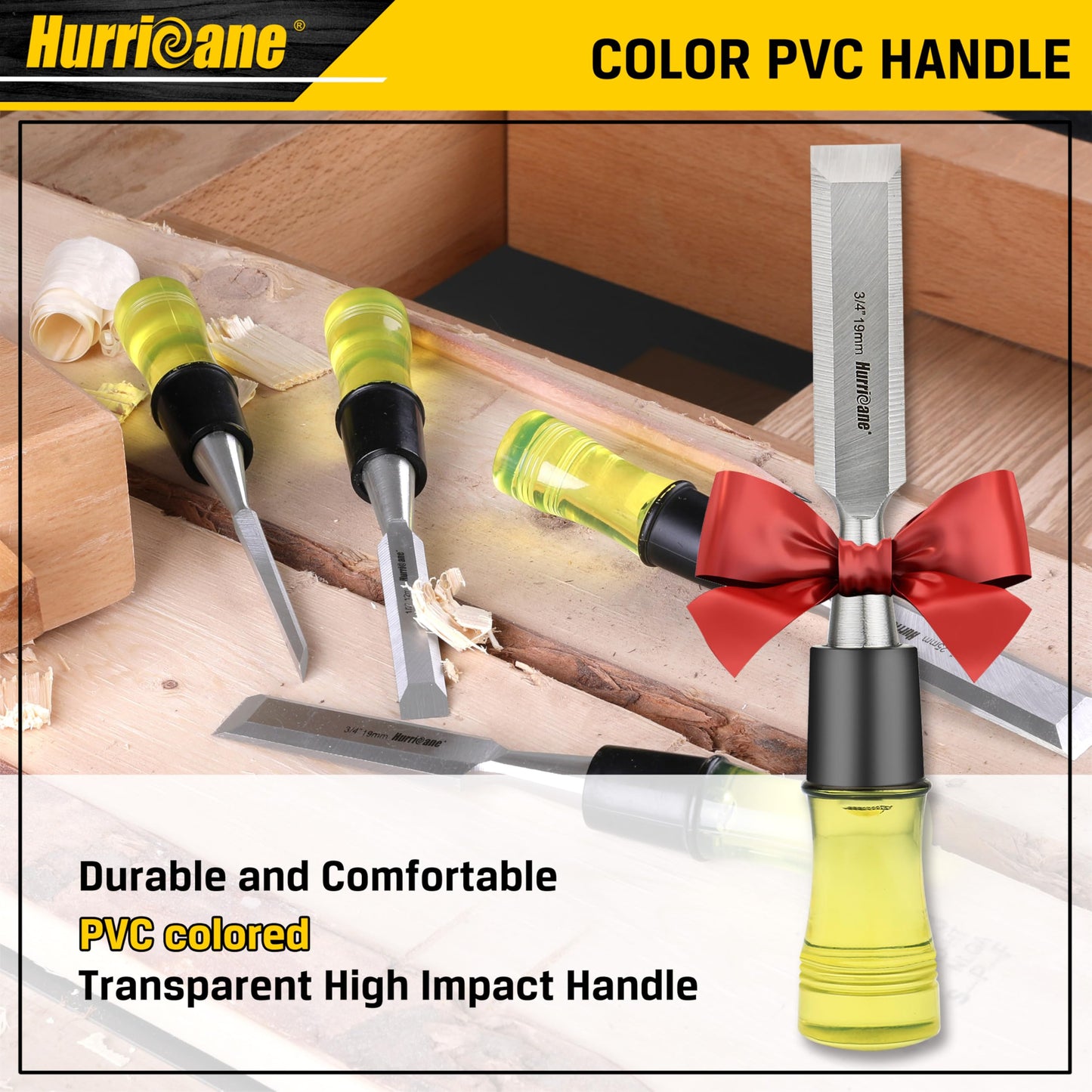 HURRICANE 4 Piece Wood Chisel Set for Woodworking. CR-V Steel Beveled Edge Blades with Safety Caps. Durable PVC High Impact Handle, for Precision Carving & DIY Projects (1/4", 1/2", 3/4", 1")