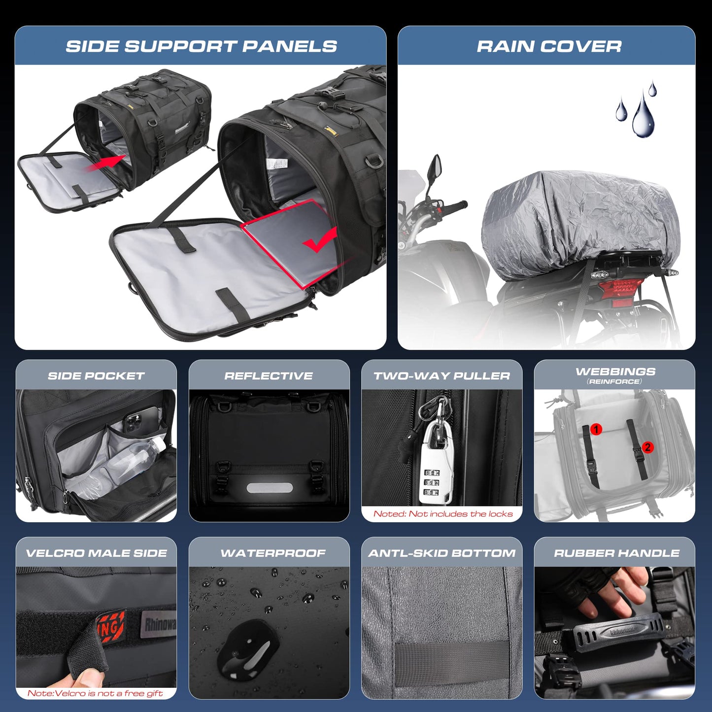 Rhinowalk Motorcycle Tail Bag, Expandable Motorcycle Travel Luggage Bags 60L, Waterproof All-Weather Trunk Rack Bag with Sissy Bar Straps & Helmet Rain Cover – Black