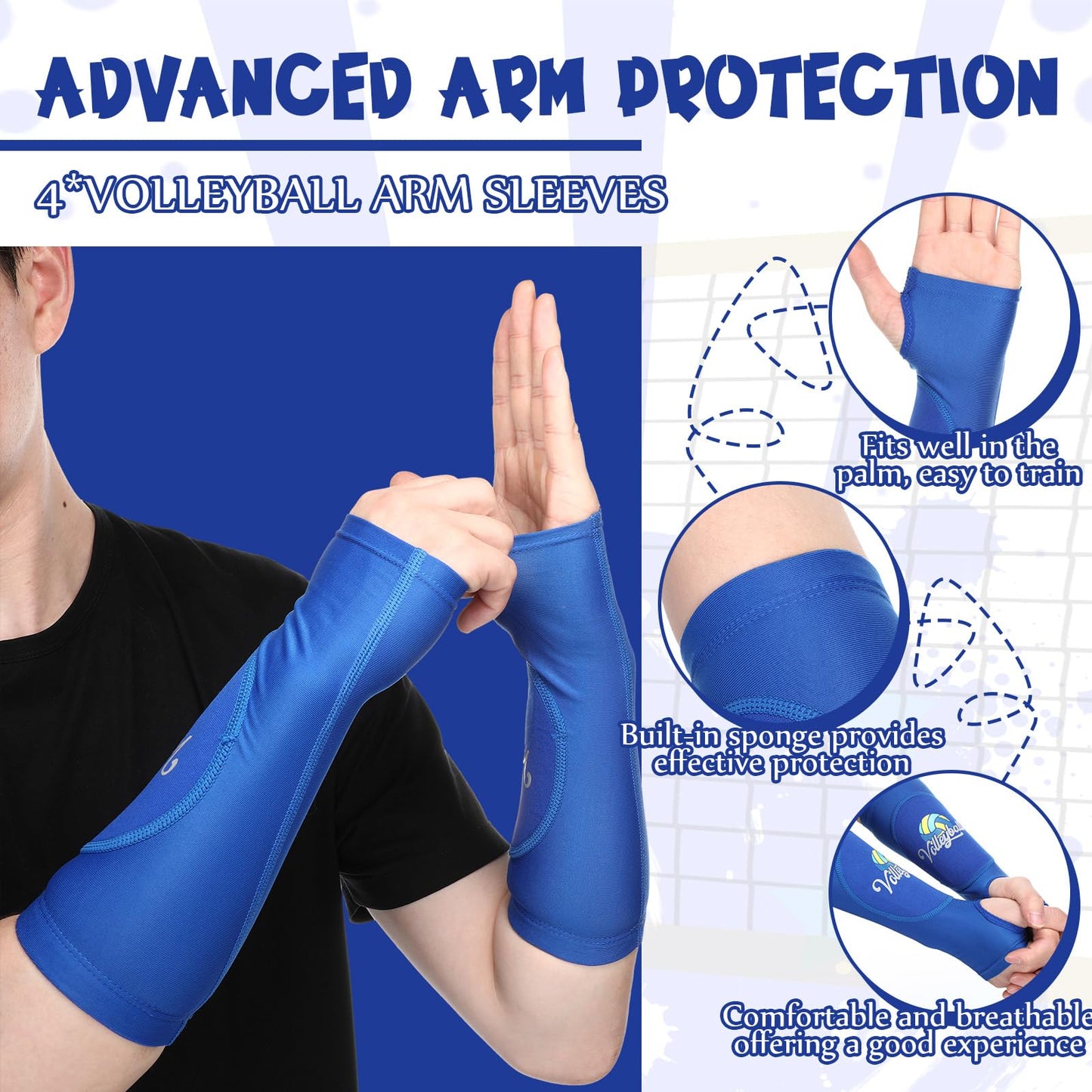 Yearntown 4 Pairs Volleyball Arm Sleeves with Protection Pads & Thumb Hole Breathable Forearm Sleeves for Men & Women