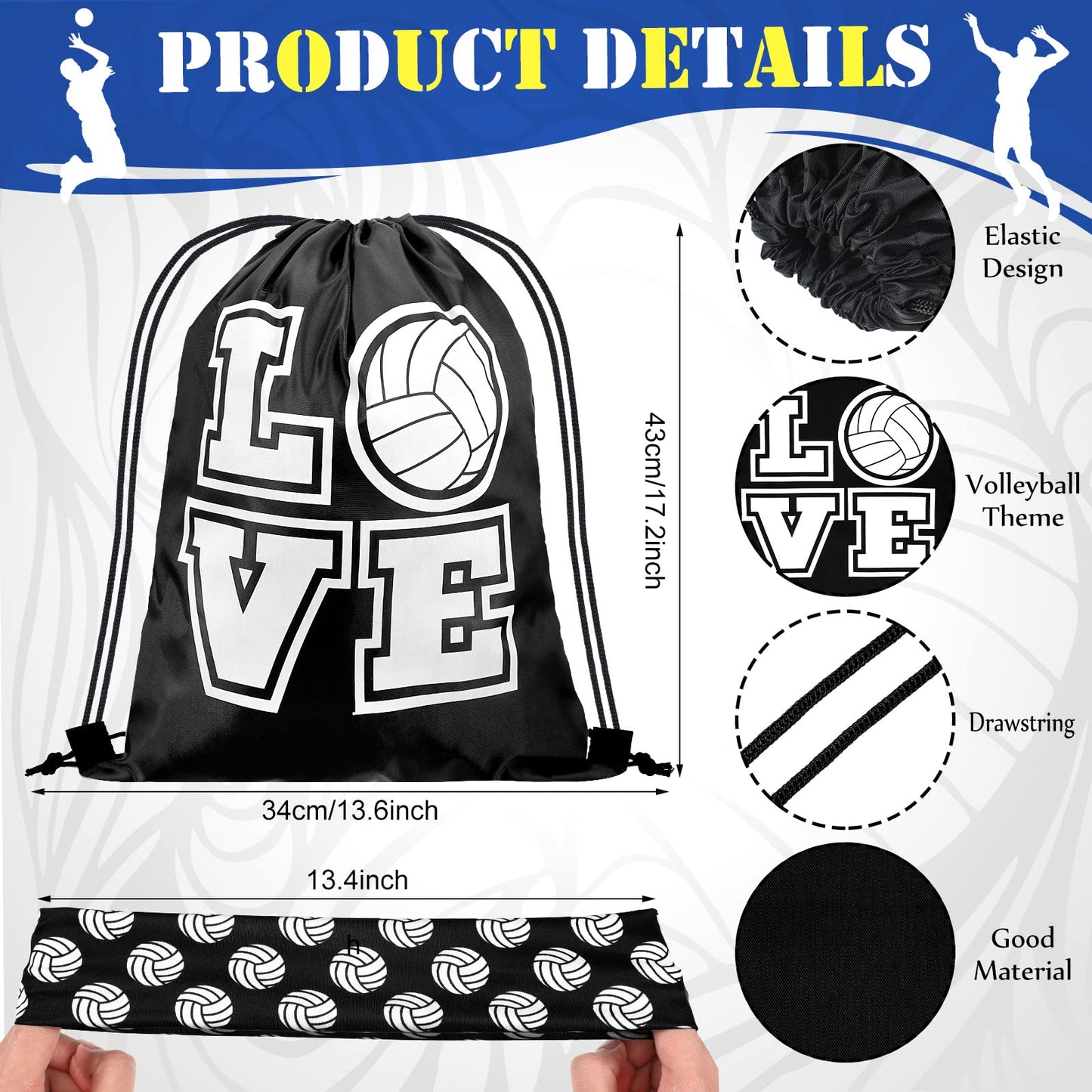 Yinder 4 Pcs Volleyball Accessories Include Knee Pads ,Arm Sleeves , Drawstring Bag,Softball Headbands for Women Volleyball Training Dance(Small,Black)